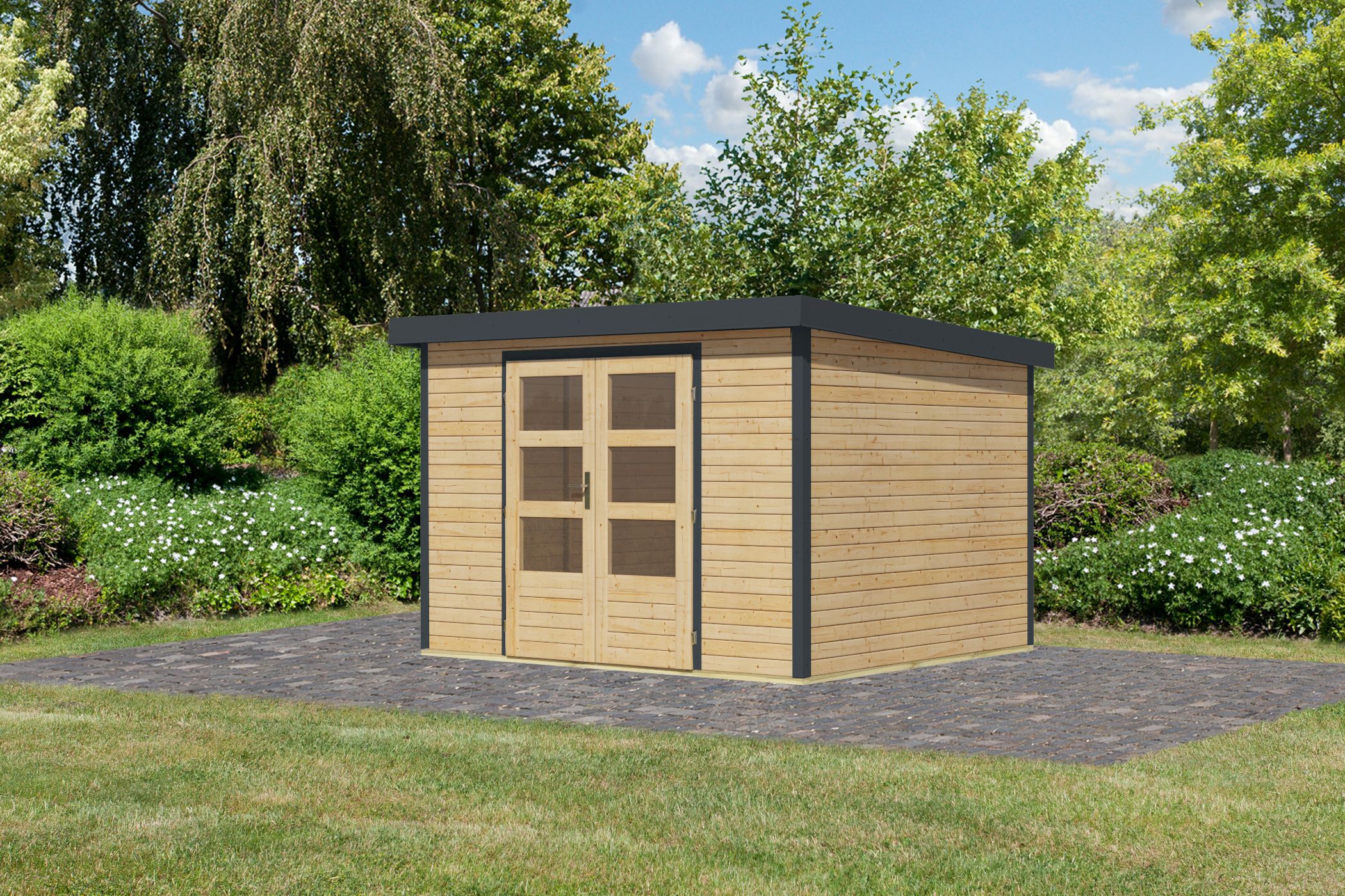 Karibu Gartenhaus Holz & Metall Jupiter 5 in Naturbelassen mit Metall in Anthrazit, Außenansicht