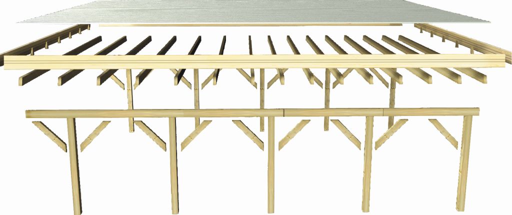 Aufbaudarstellung des Karibu Einzelcarport Classic 3 mit Pfosten, Trägerbalken und Dacheindeckung im Überblick