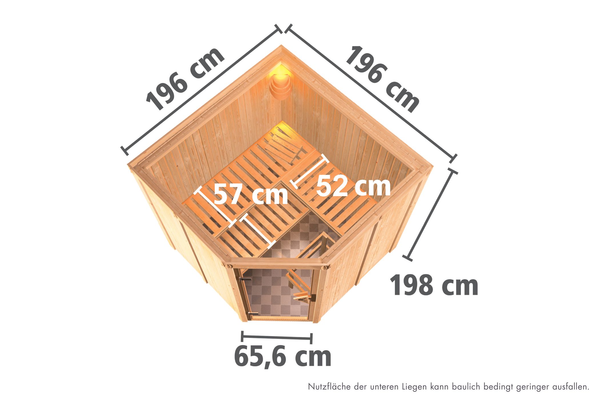 Maßzeichnung der Karibu Sauna Jarin mit Außenmaß 196 × 196 cm und Höhe 198 cm