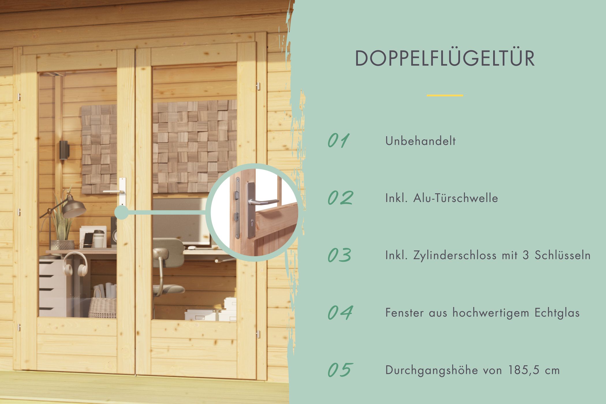 Doppelflügeltür des Karibu großes Poolhaus Radeburg 3 mit Zylinderschloss und Kunstglas
