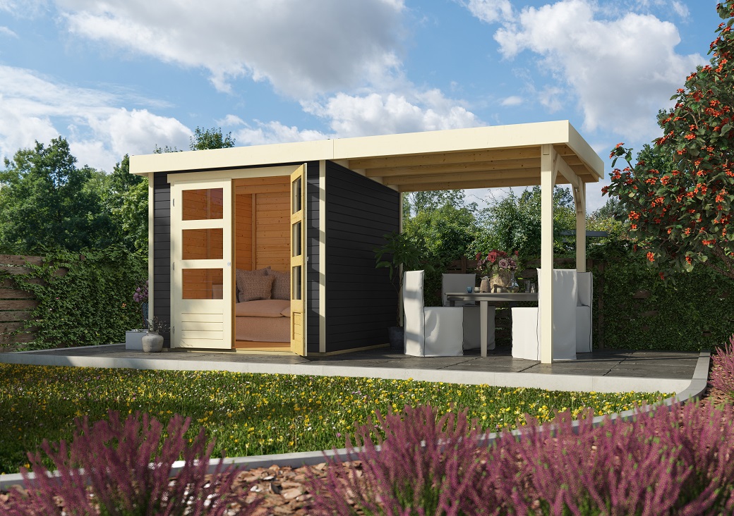 Karibu Gerätehaus Askola 2 in Terragrau und Anbaudach