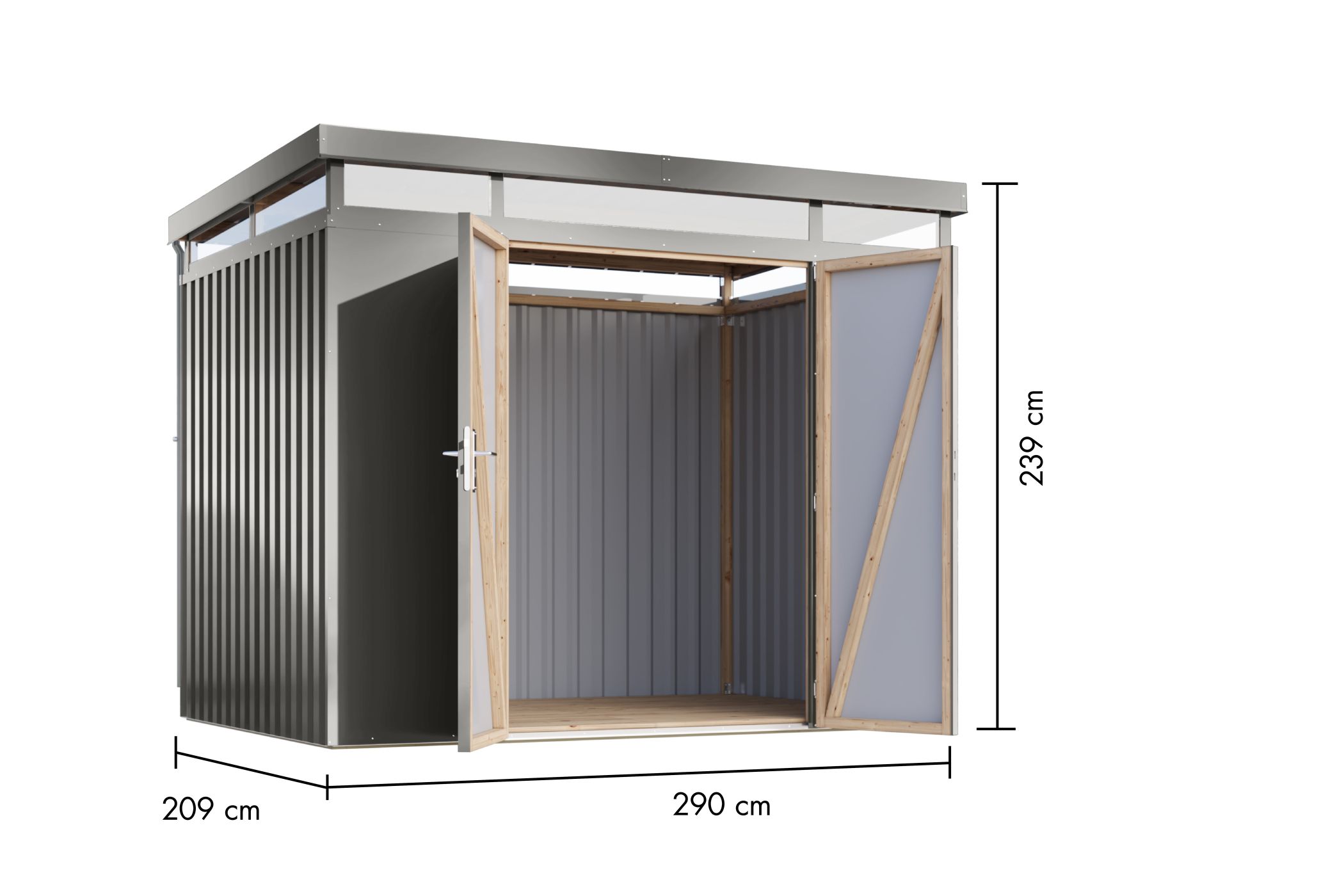 Bemaßte Maßzeichnung des Karibu Gerätehaus aus Metall Aurum 3, 290 × 209 cm