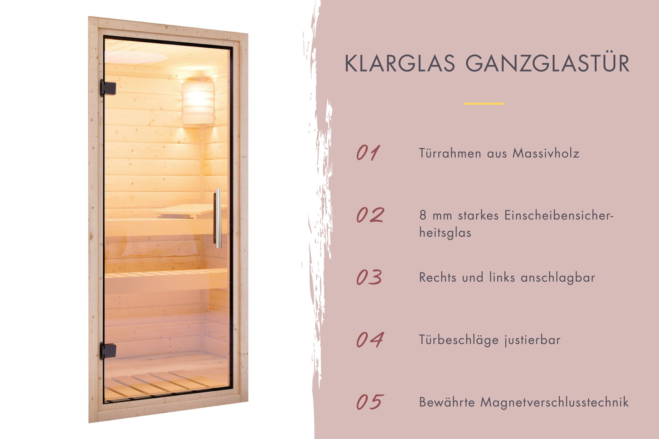 Klarglas-Ganzglastür aus 8 mm Einscheibensicherheitsglas mit Massivholzrahmen für Karibu Saunen