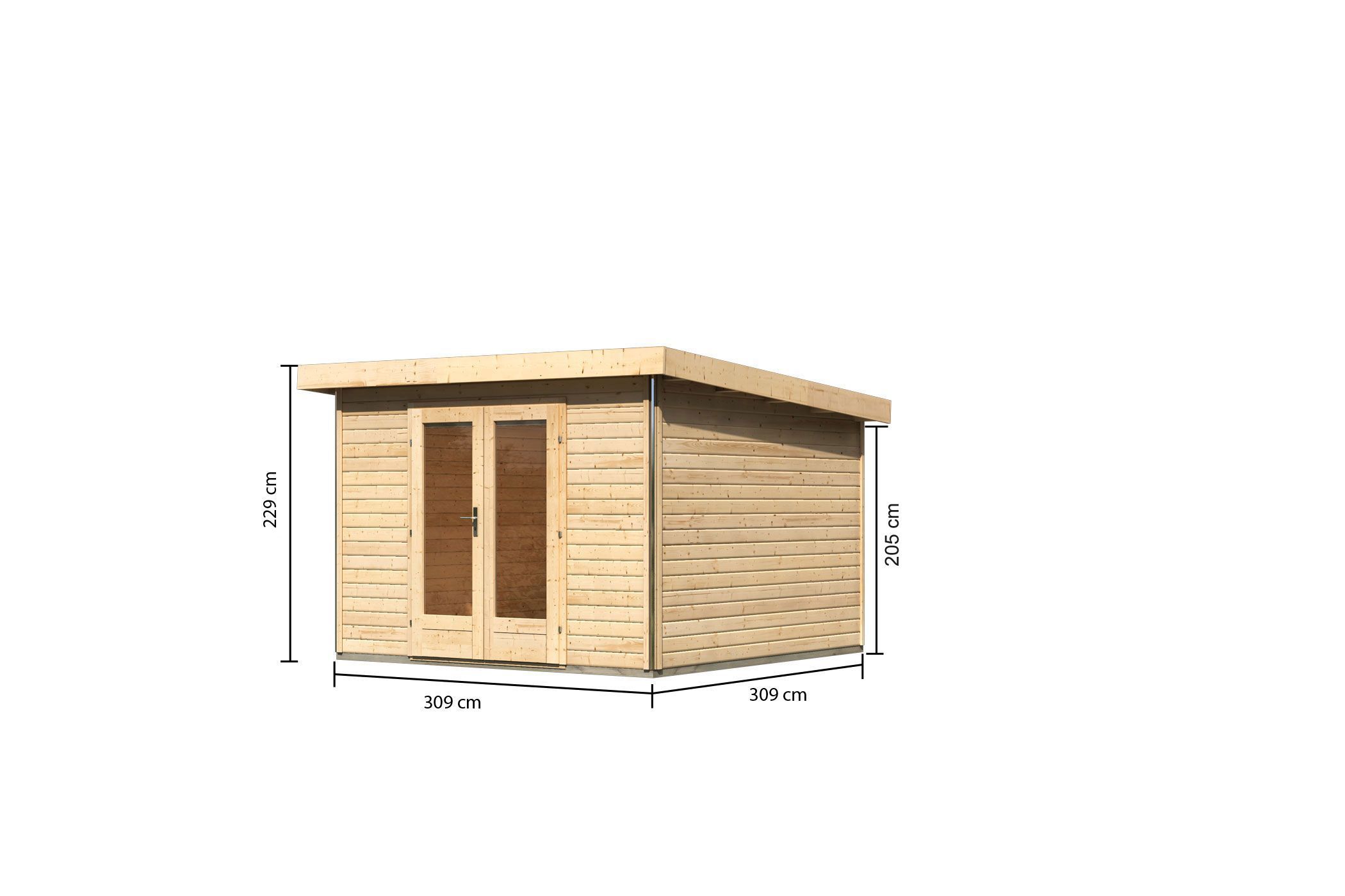 Bemaßte Maßzeichnung des Karibu Poolhaus Radeburg 1, 309 × 309 cm