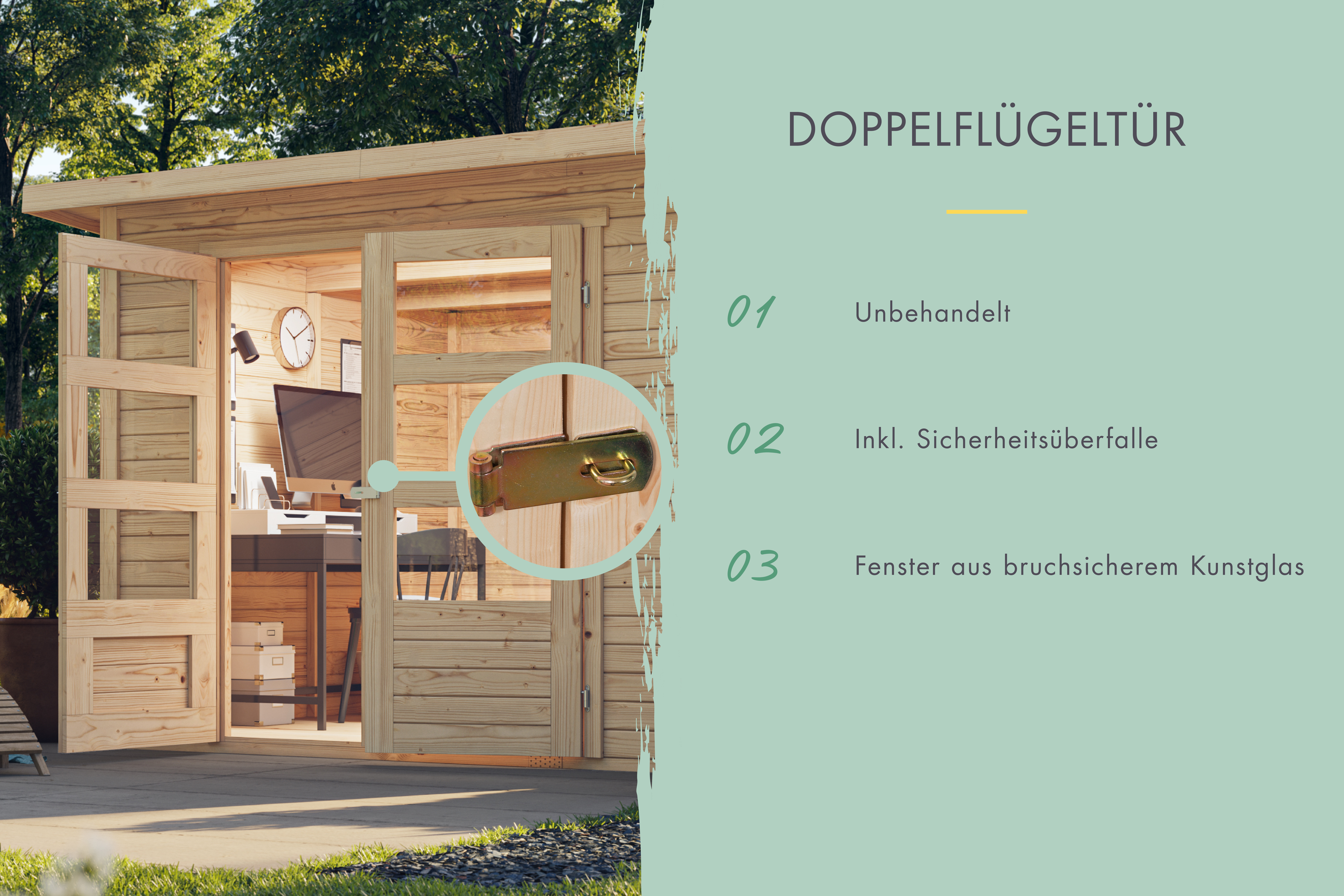 Doppelflügeltür des Karibu großes Gerätehaus Retola 4 mit Zylinderschloss und Kunstglas