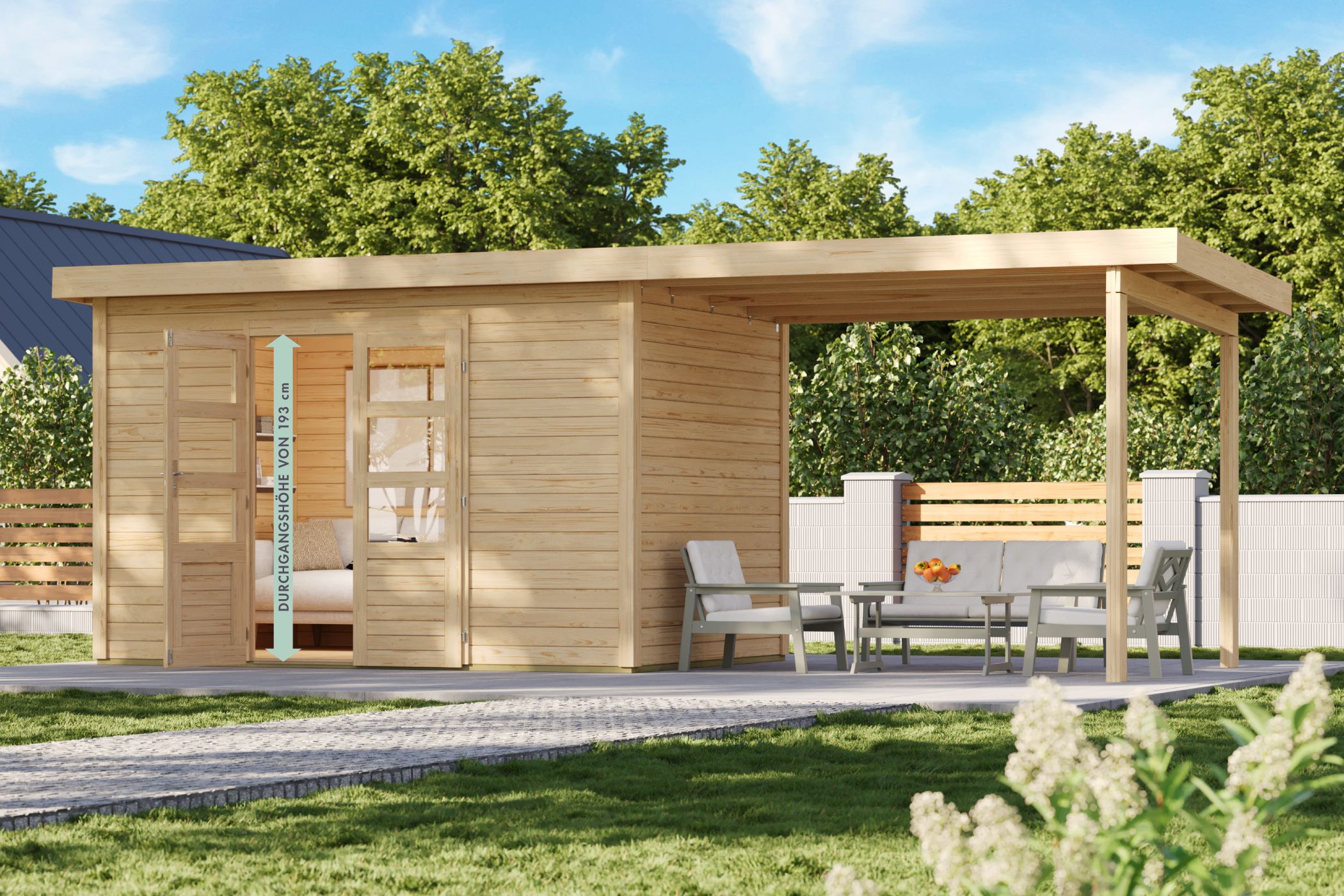 Karibu Gartenhaus Kolbin 7 XXL in Naturbelassen im Garten
