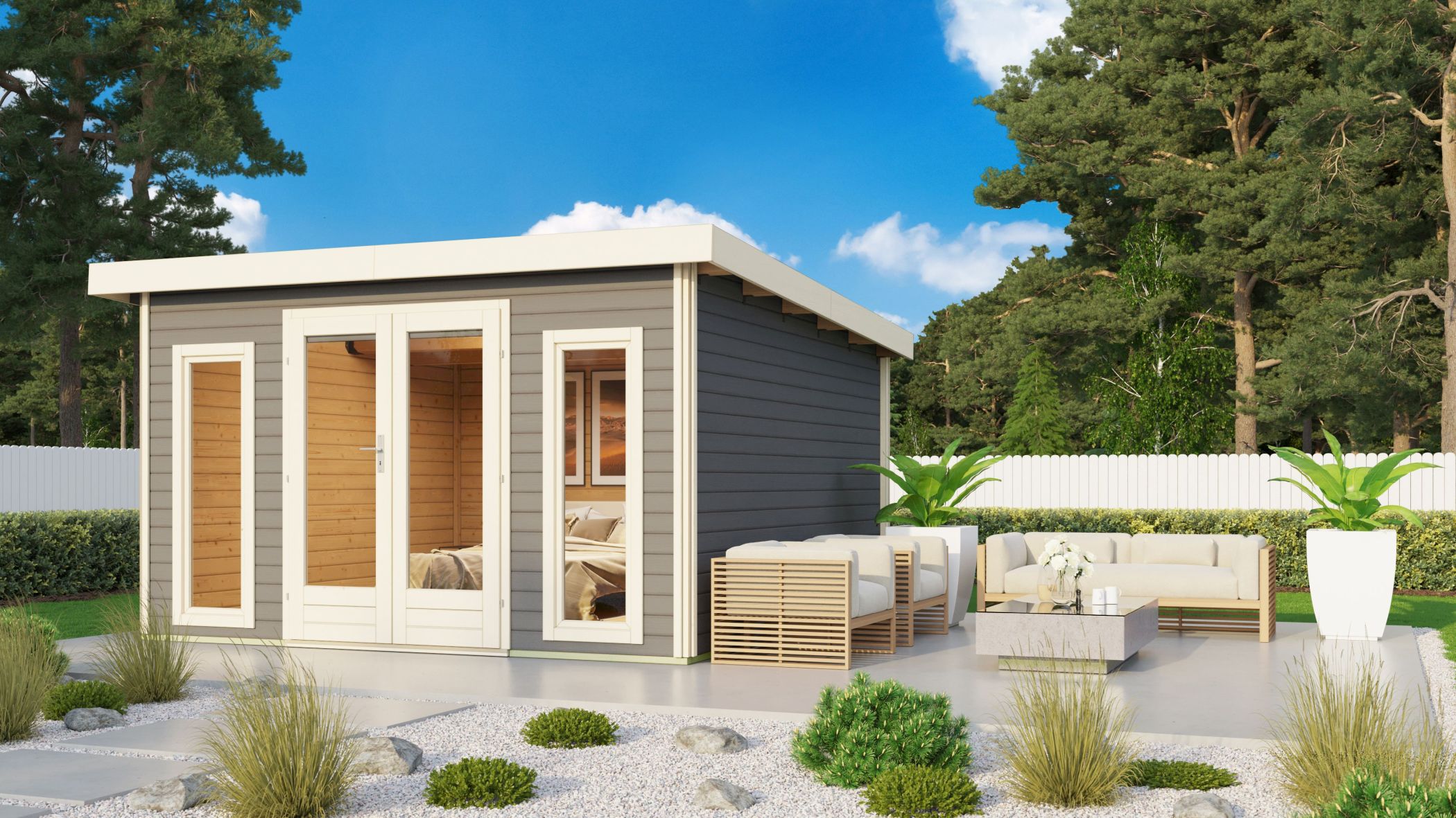 Karibu großes Poolhaus Radeburg 3 in Terragrau im Garten