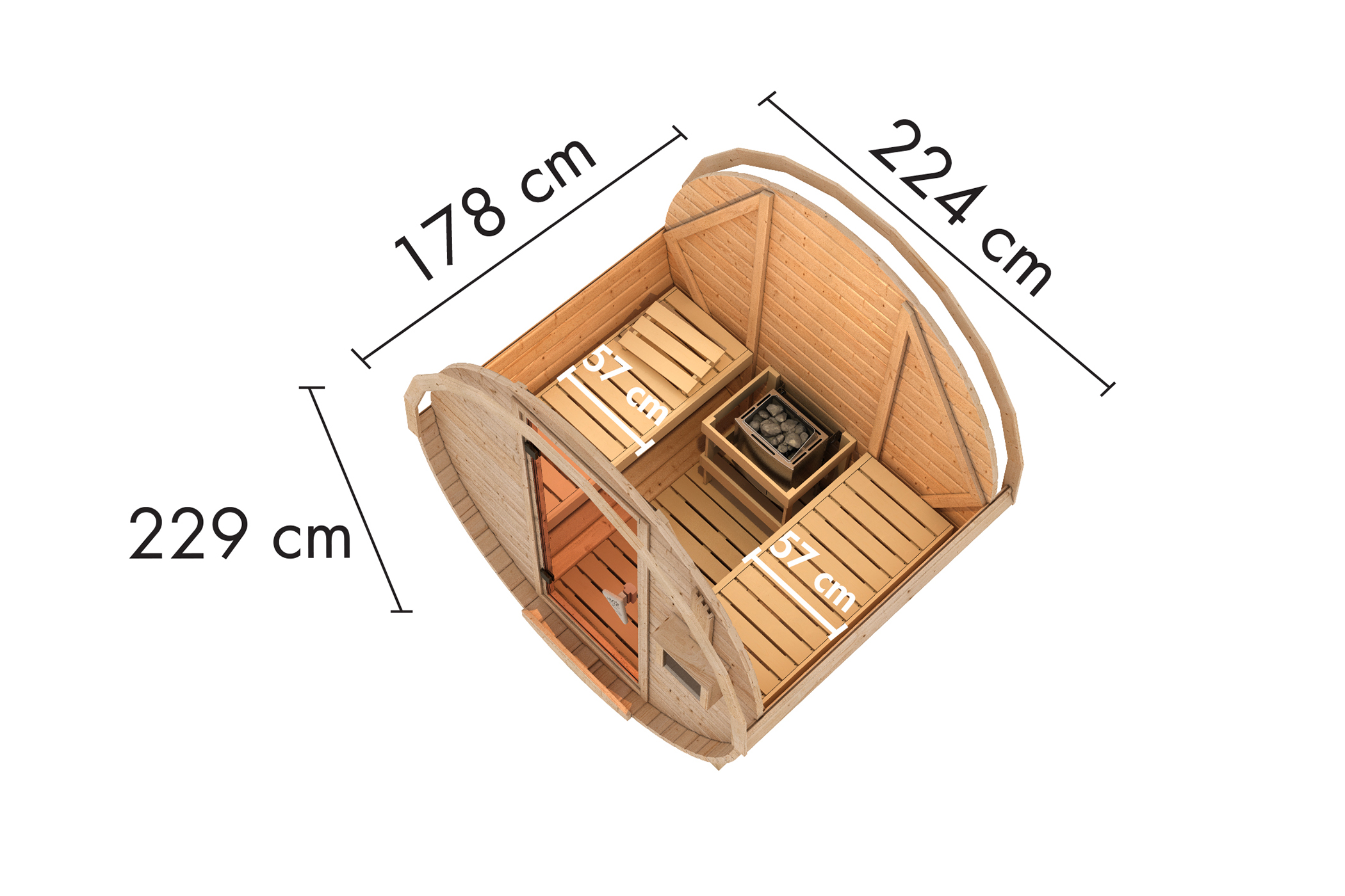 Maßzeichnung der Karibu Fasssauna 1 mit Außenmaß 225 × 175 cm und Höhe 229 cm