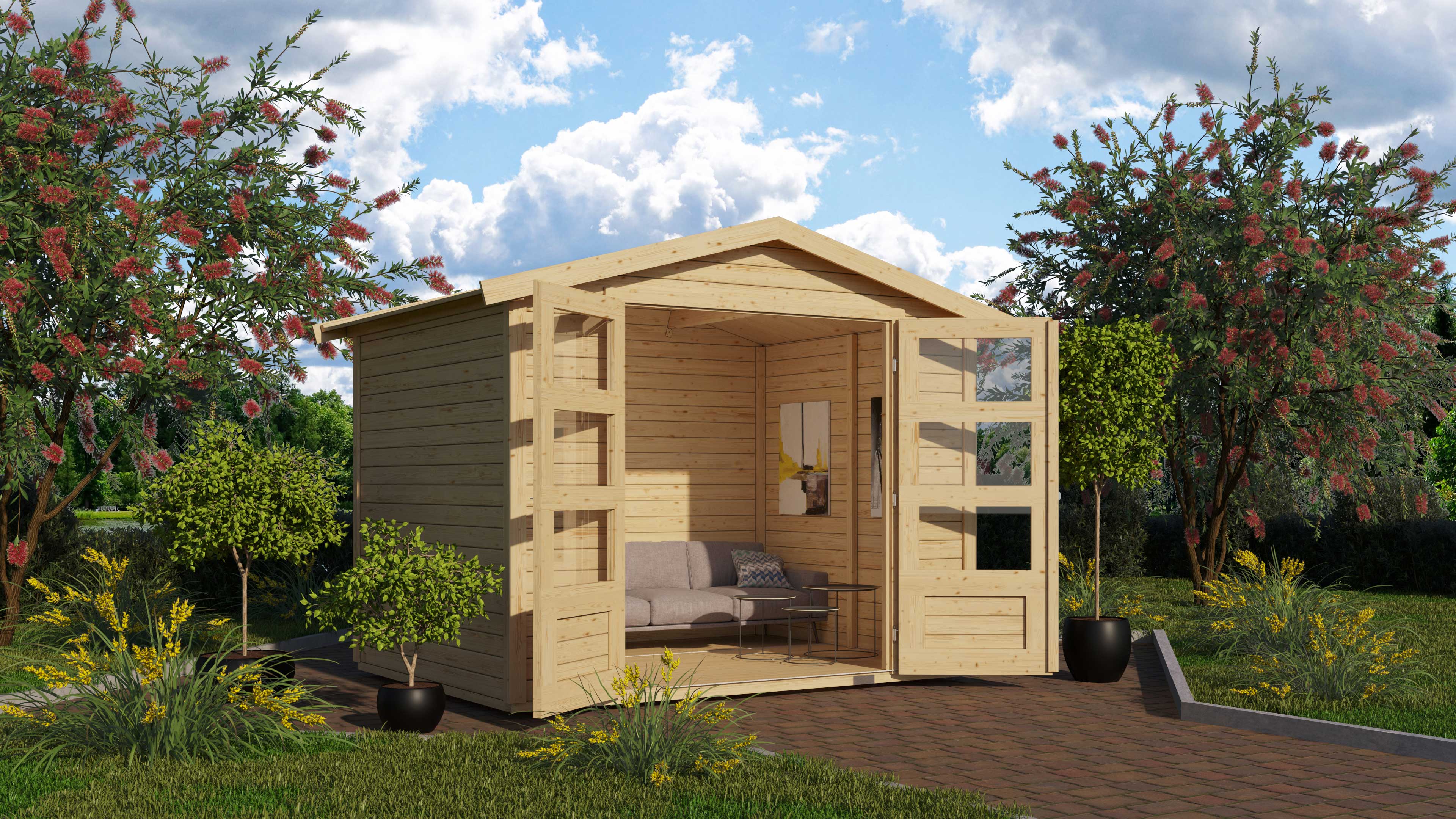 Karibu Gerätehaus Amberg 3 mit Anbaudach im Garten
