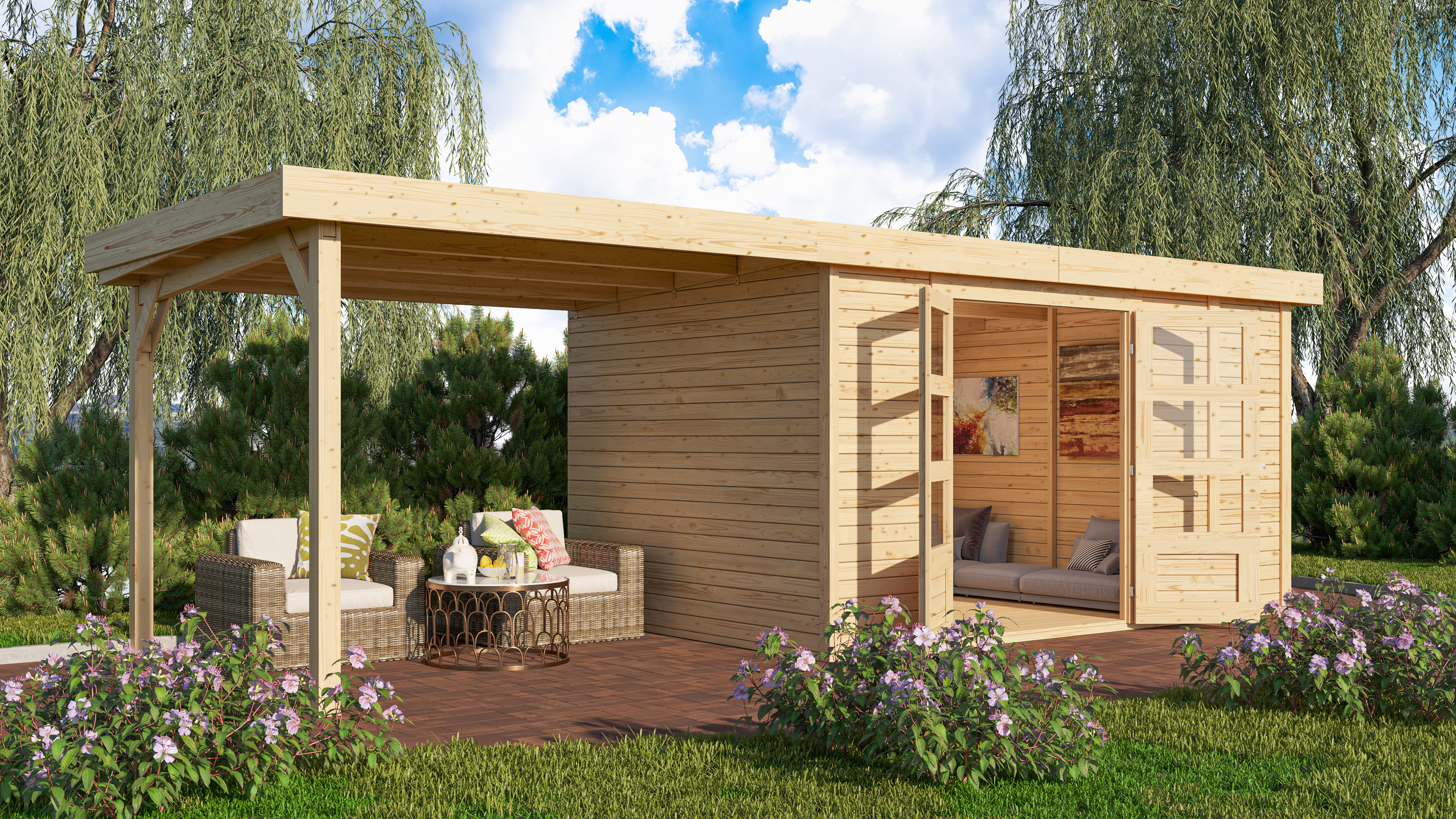 Karibu großes Gerätehaus Retola 6 mit Anbaudach im Garten
