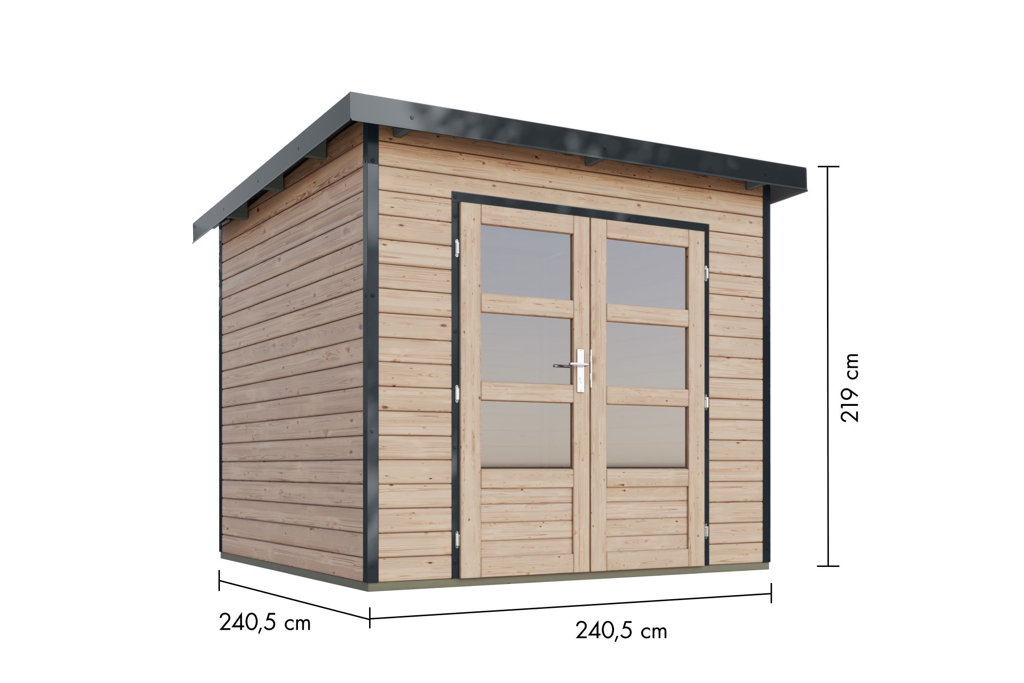 Bemaßte Maßzeichnung des Karibu Gartenhaus Holz & Metall Pluto 3, 240 × 240 cm
