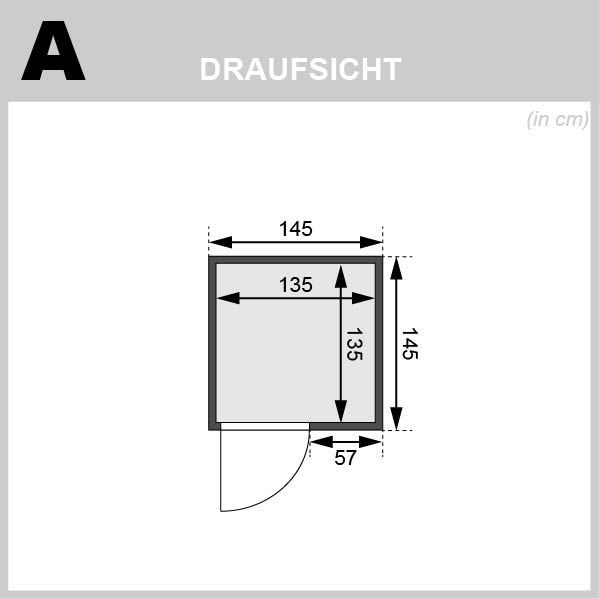 Bemaßte Draufsicht der Karibu Sauna Sandra mit Grundriss und eingezeichnetem Türausschnitt