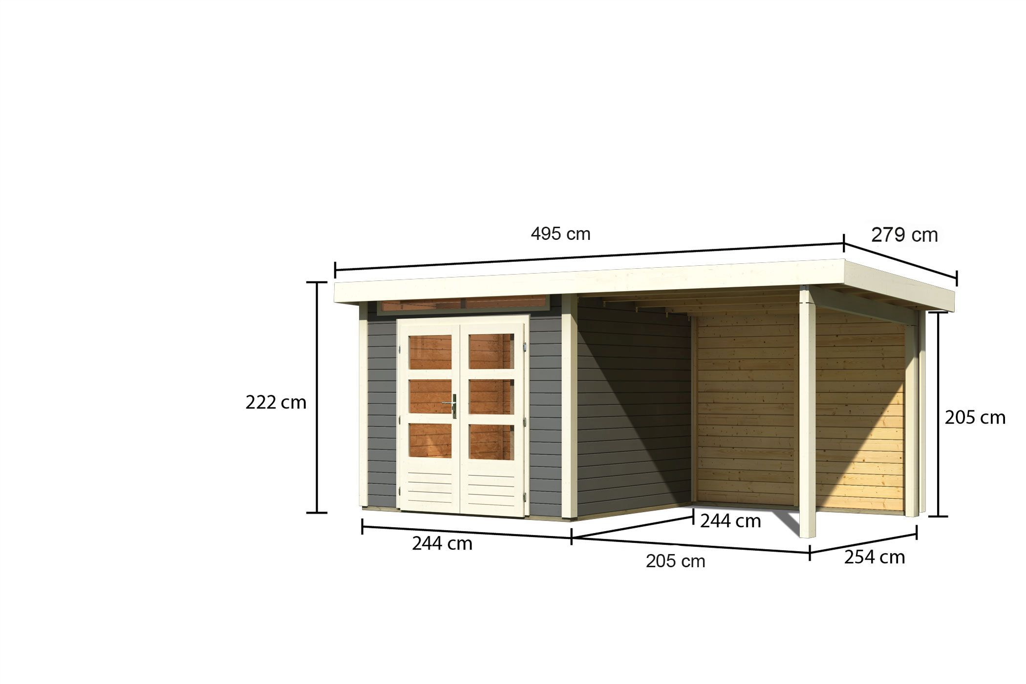 Bemaßte Maßzeichnung des Karibu Gartenhaus Kandern 3 mit Anbaudach, 495 × 273 cm