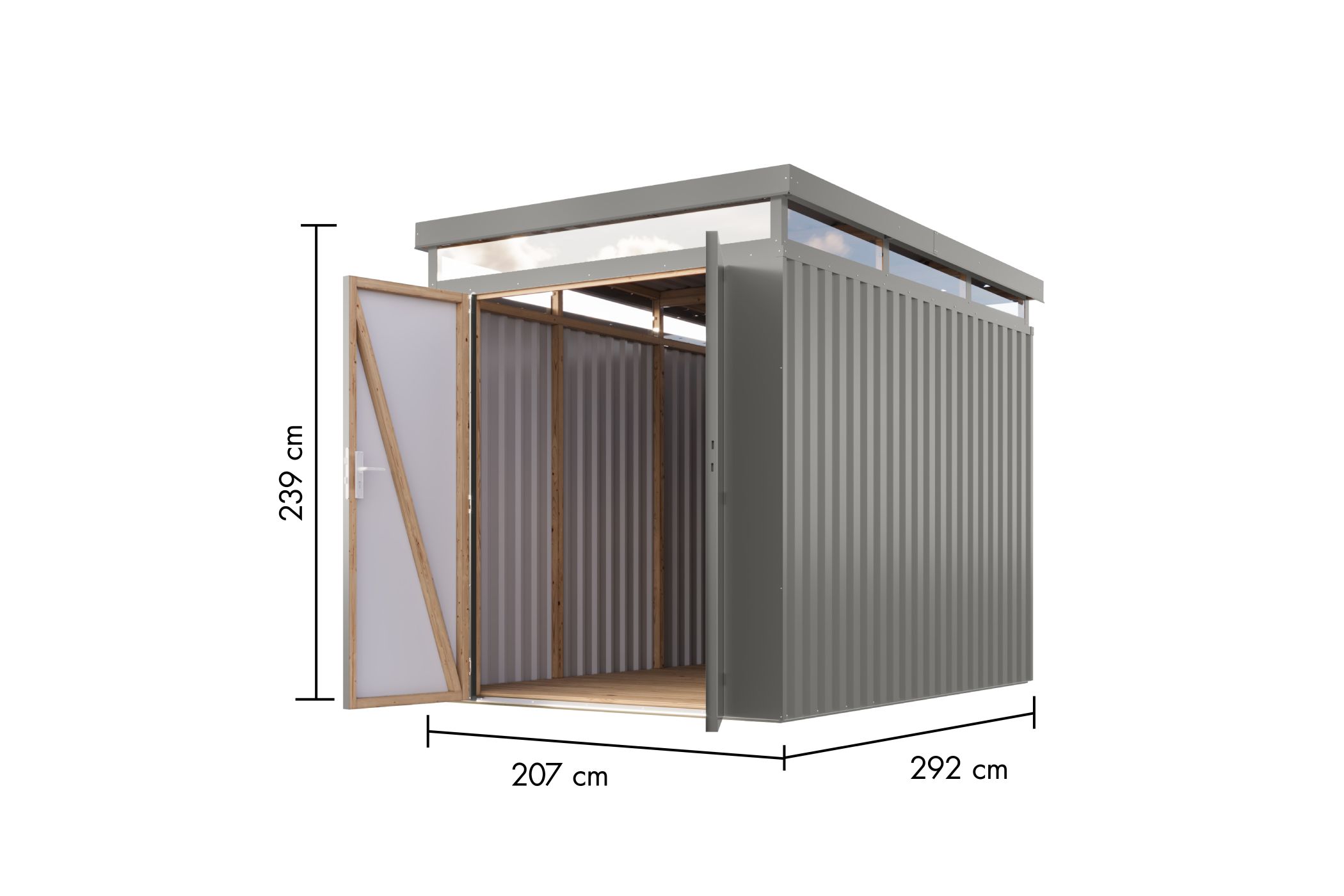 Bemaßte Maßzeichnung des Karibu Gerätehaus aus Metall Aurum 2,5, 207 × 292 cm