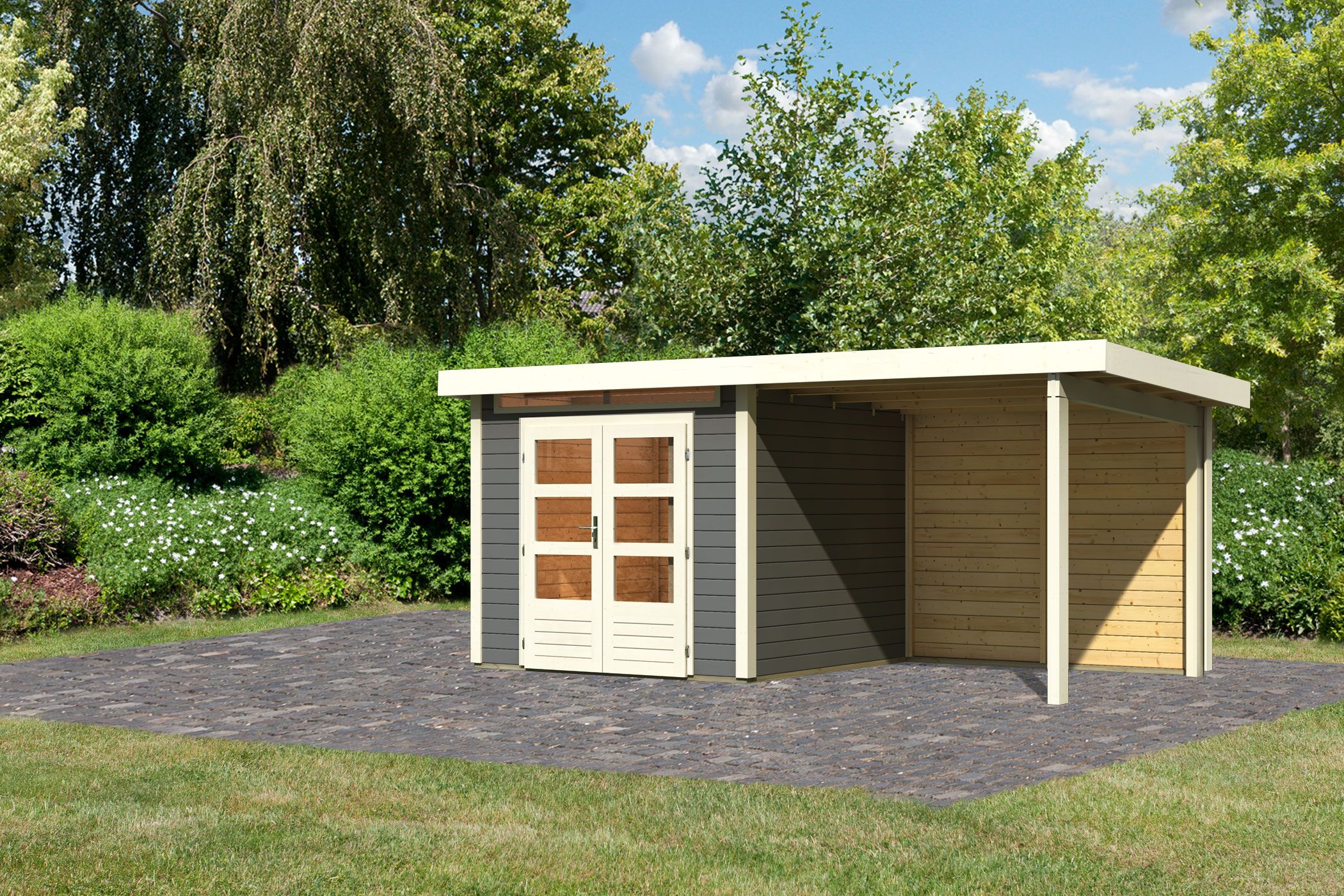 Karibu Gartenhaus Kandern 3 in Terragrau und Anbaudach, Außenansicht