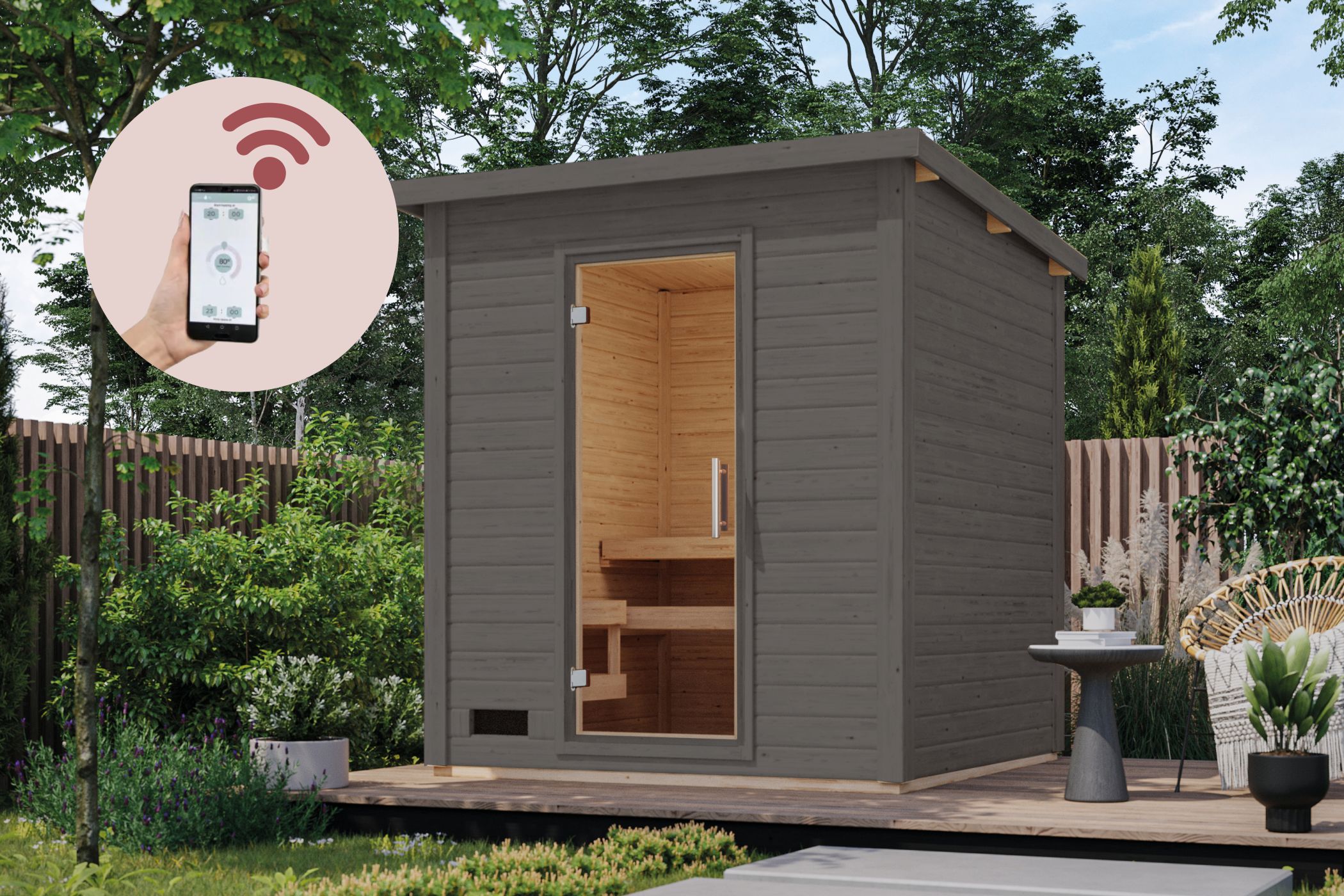 Karibu Saunahaus Hytti 2 Exclusive terragrau / + Ofen und HUUM WIFI Steuergerät Sparset als Gartensauna aus Massivholz