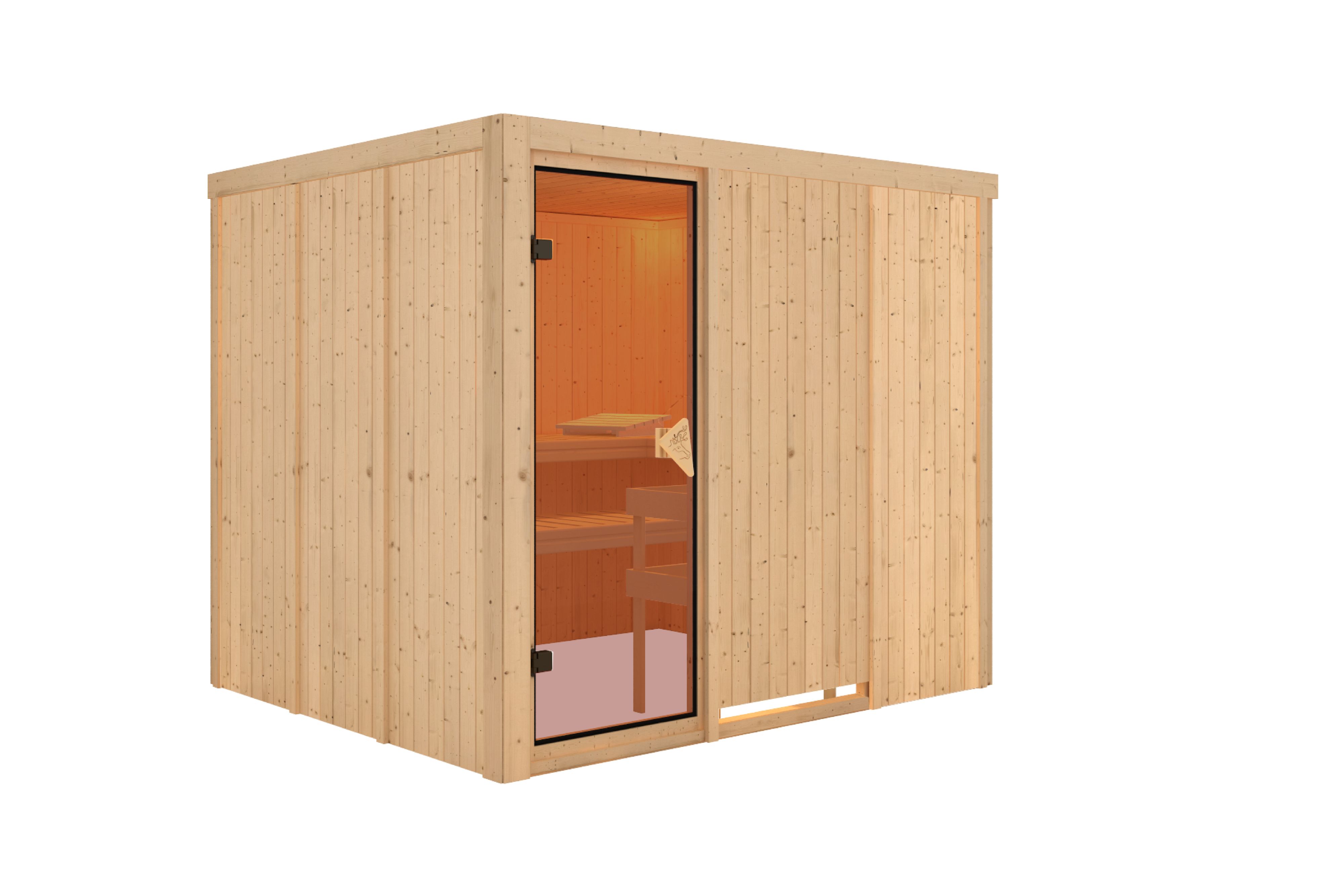 Innenansicht der Karibu Sauna Gobin mit Liegen und Kopfstütze aus hellem Espenholz