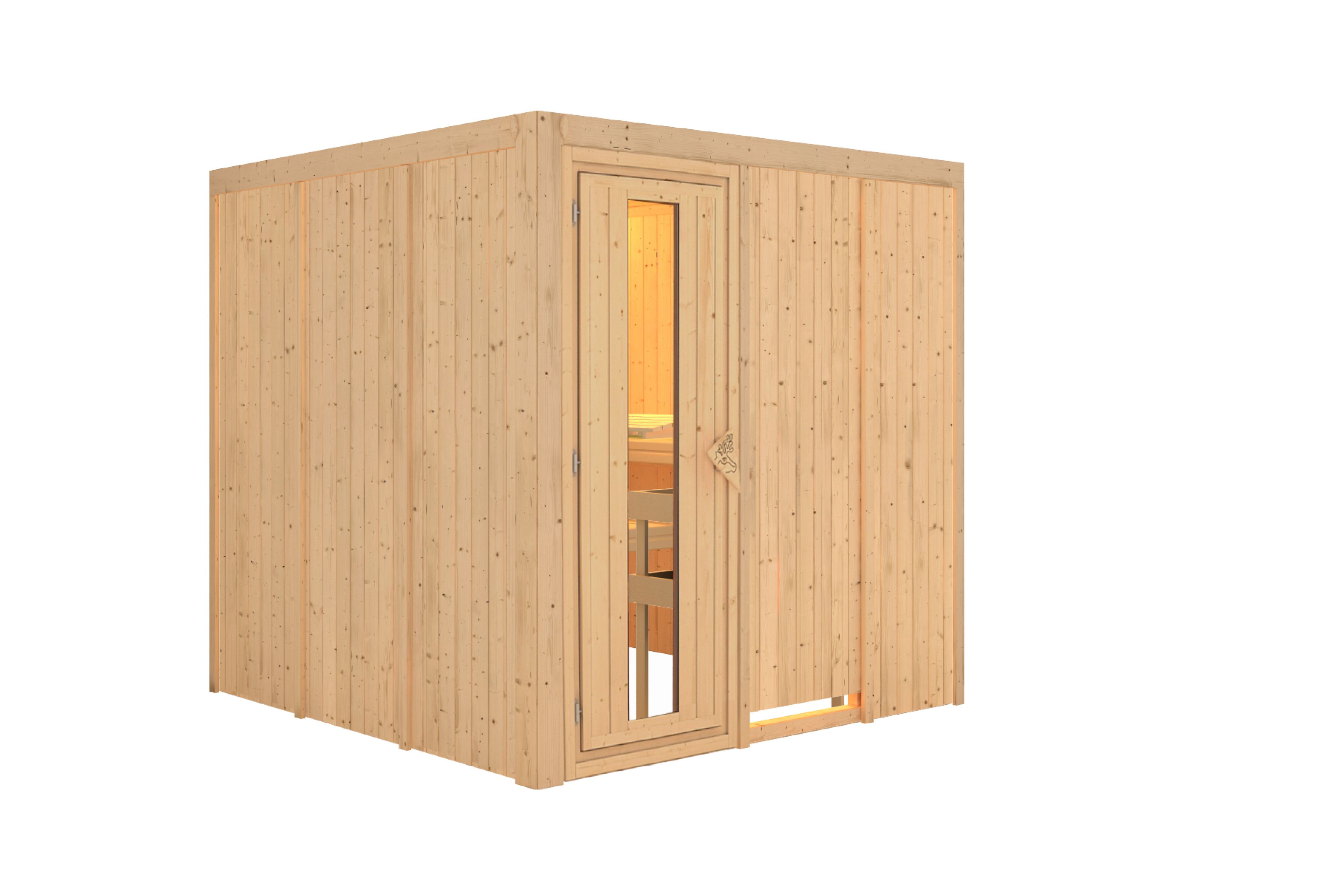Innenansicht der Karibu Sauna Rodin mit Liegen und Kopfstütze aus hellem Espenholz