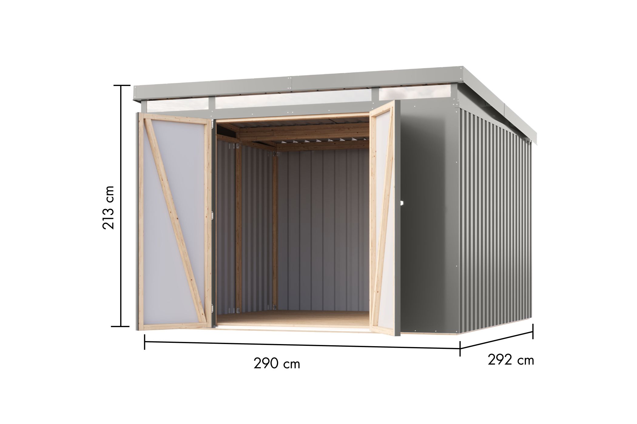 Bemaßte Maßzeichnung des Karibu großes Gerätehaus aus Metall Iridium 3,5, 290 × 292 cm
