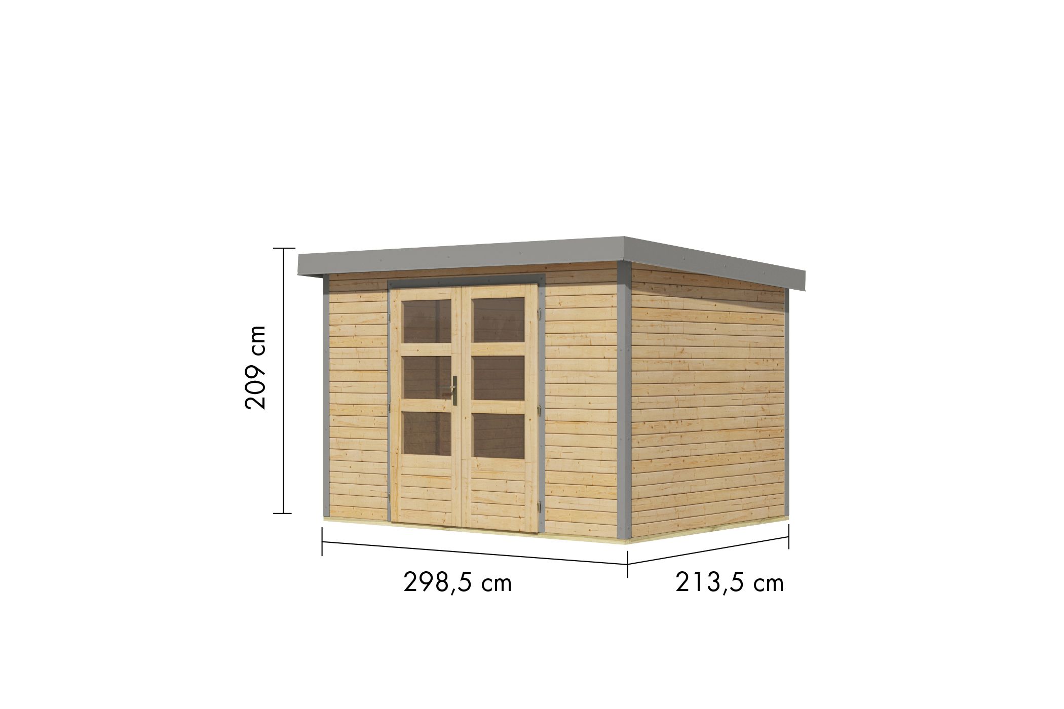 Bemaßte Maßzeichnung des Karibu Gartenhaus Holz & Metall Jupiter 4, 299 × 214 cm