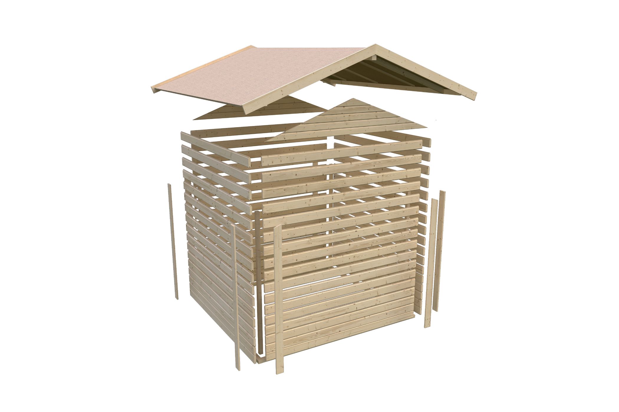 Aufbaudarstellung der Karibu Gerätehaus Dalin 1 mit allen Bauteilen