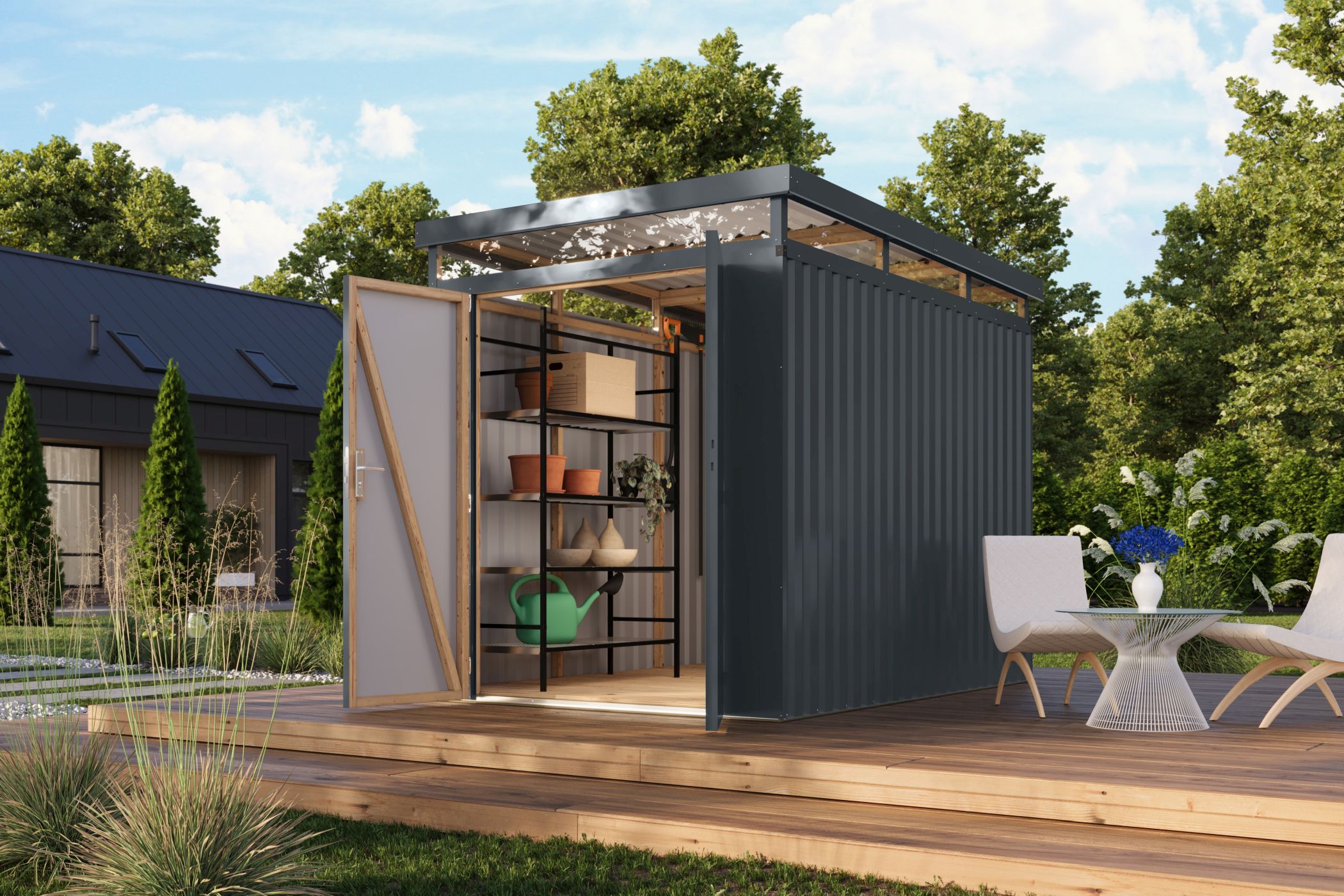 Karibu Gerätehaus aus Metall Aurum 2,5 in Anthrazit im Garten