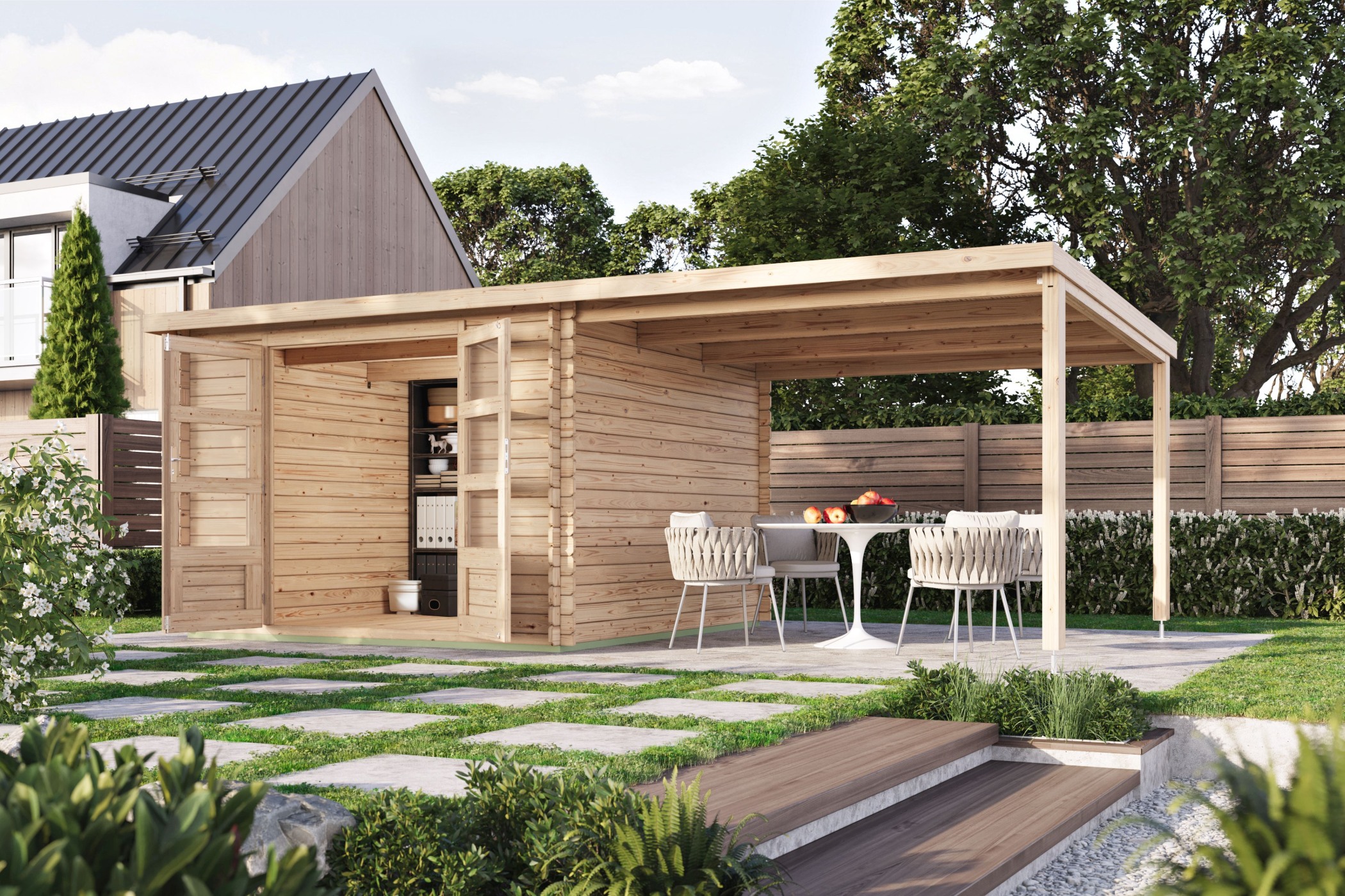 Produktbild eines Karibu Gartenprodukts aus Holz, im Garten aufgebaut