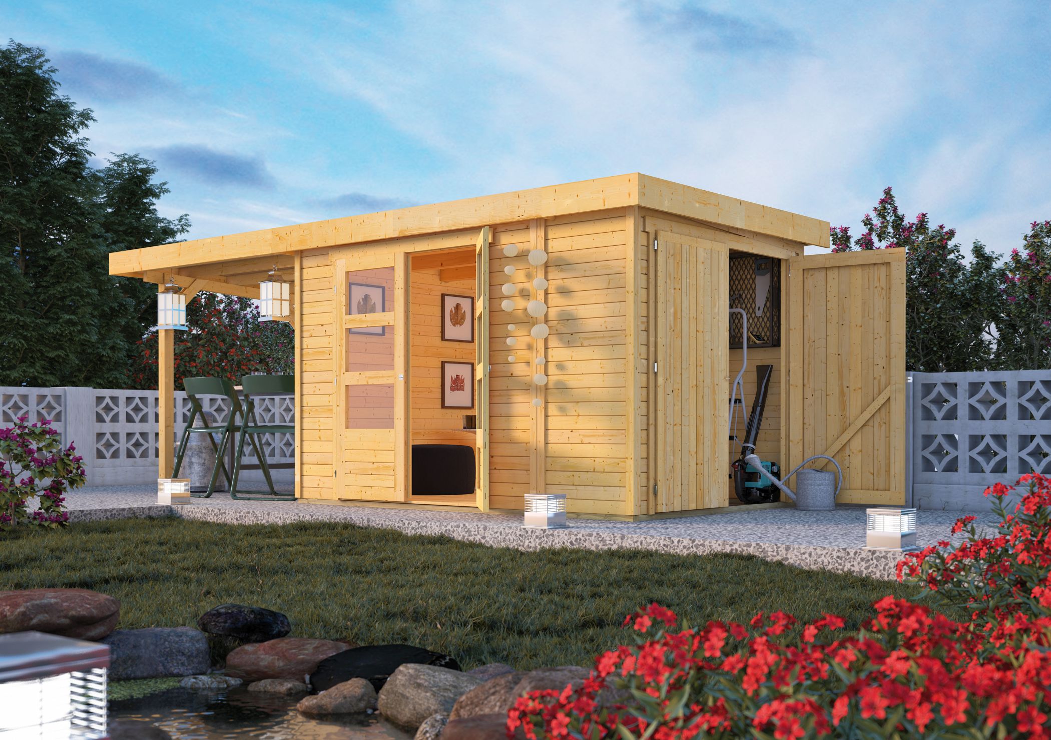 Karibu Gerätehaus Retola 3 in Naturbelassen und Anbaudach im Garten