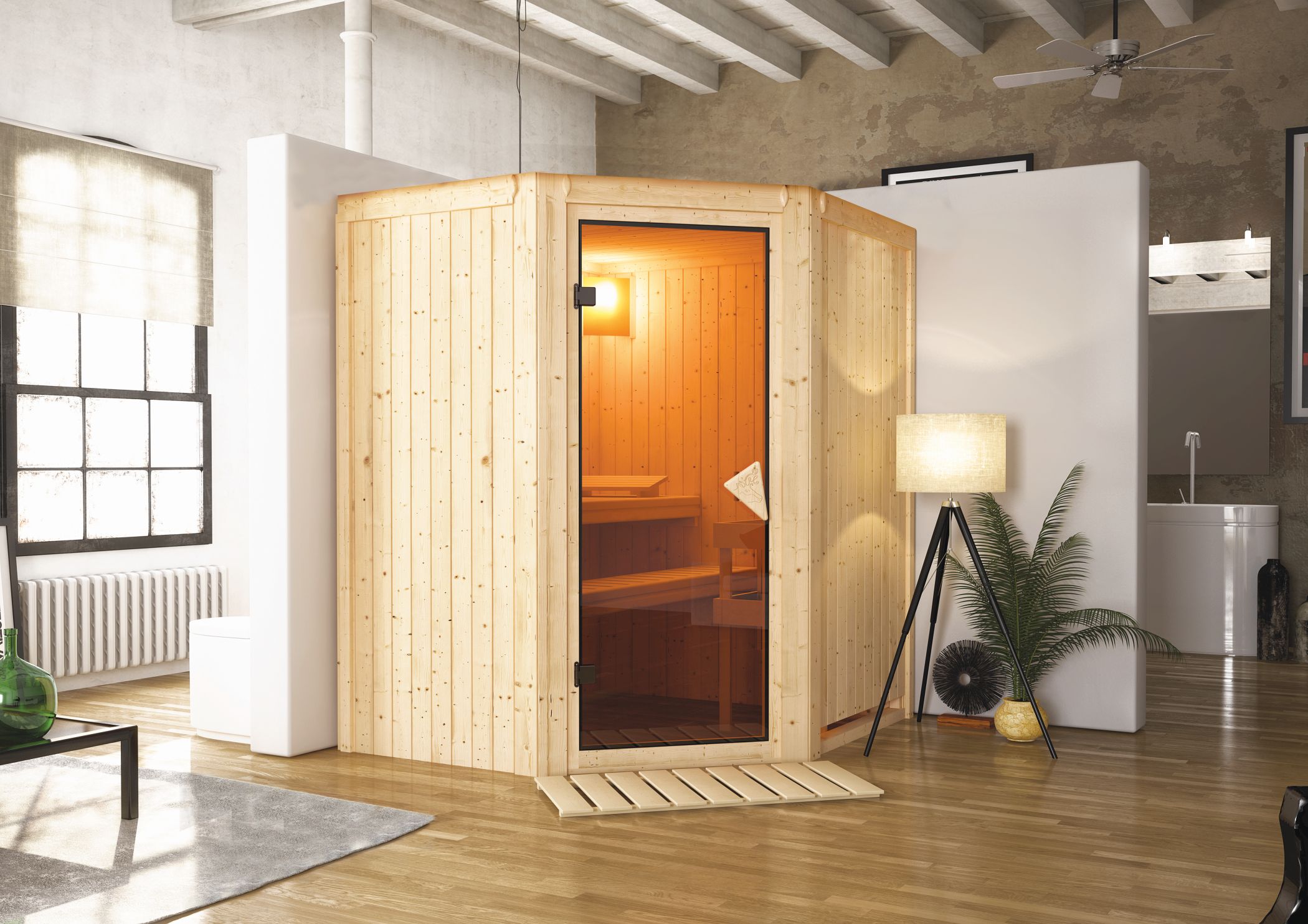 Karibu Sauna Tonja als hochwertige Sauna aus nordischer Fichte im Wohnraum-Ambiente