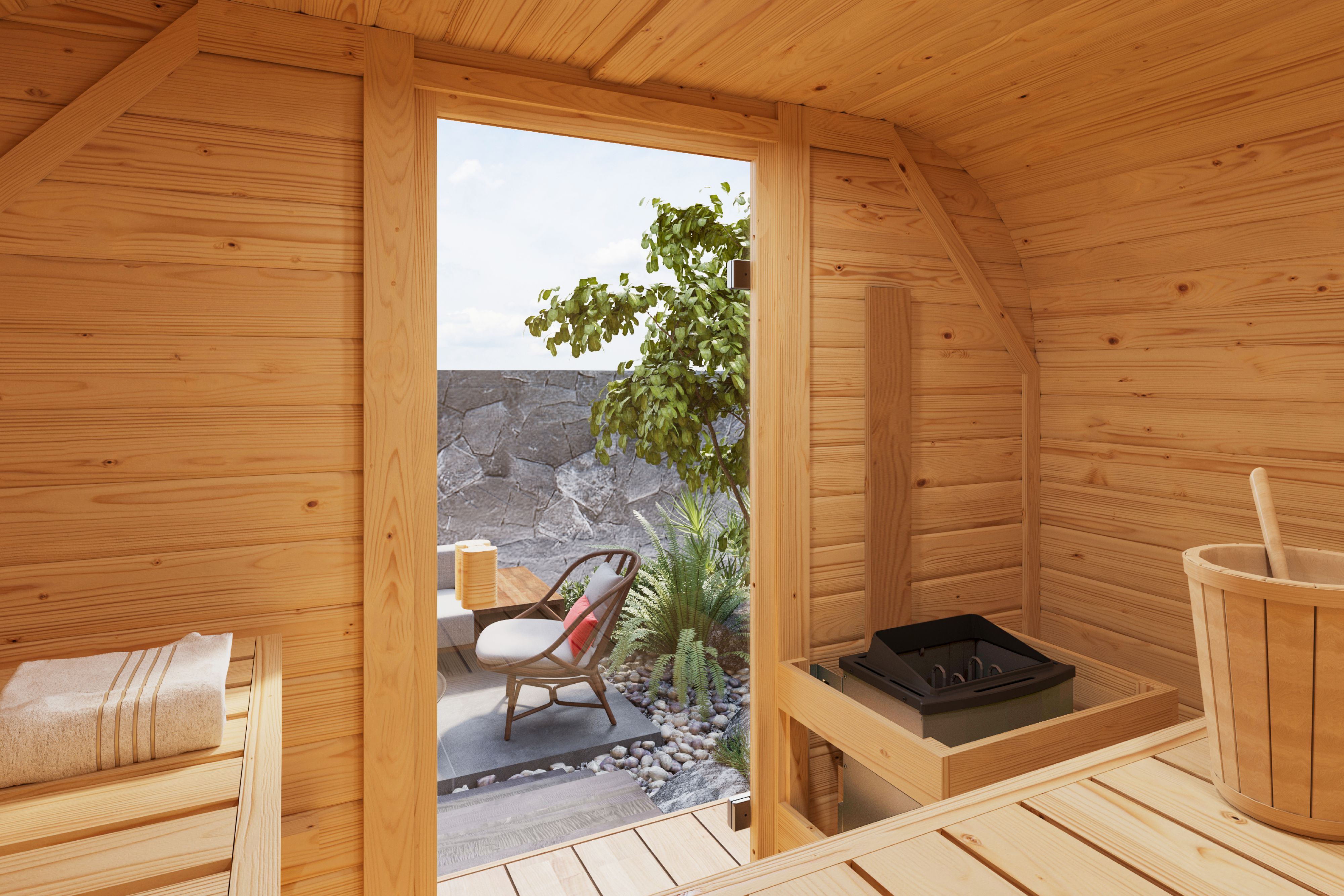 Karibu Fasssauna Quadro 1 Plus als Fasssauna in Tonnenform aus Massivholz aufgebaut im Garten