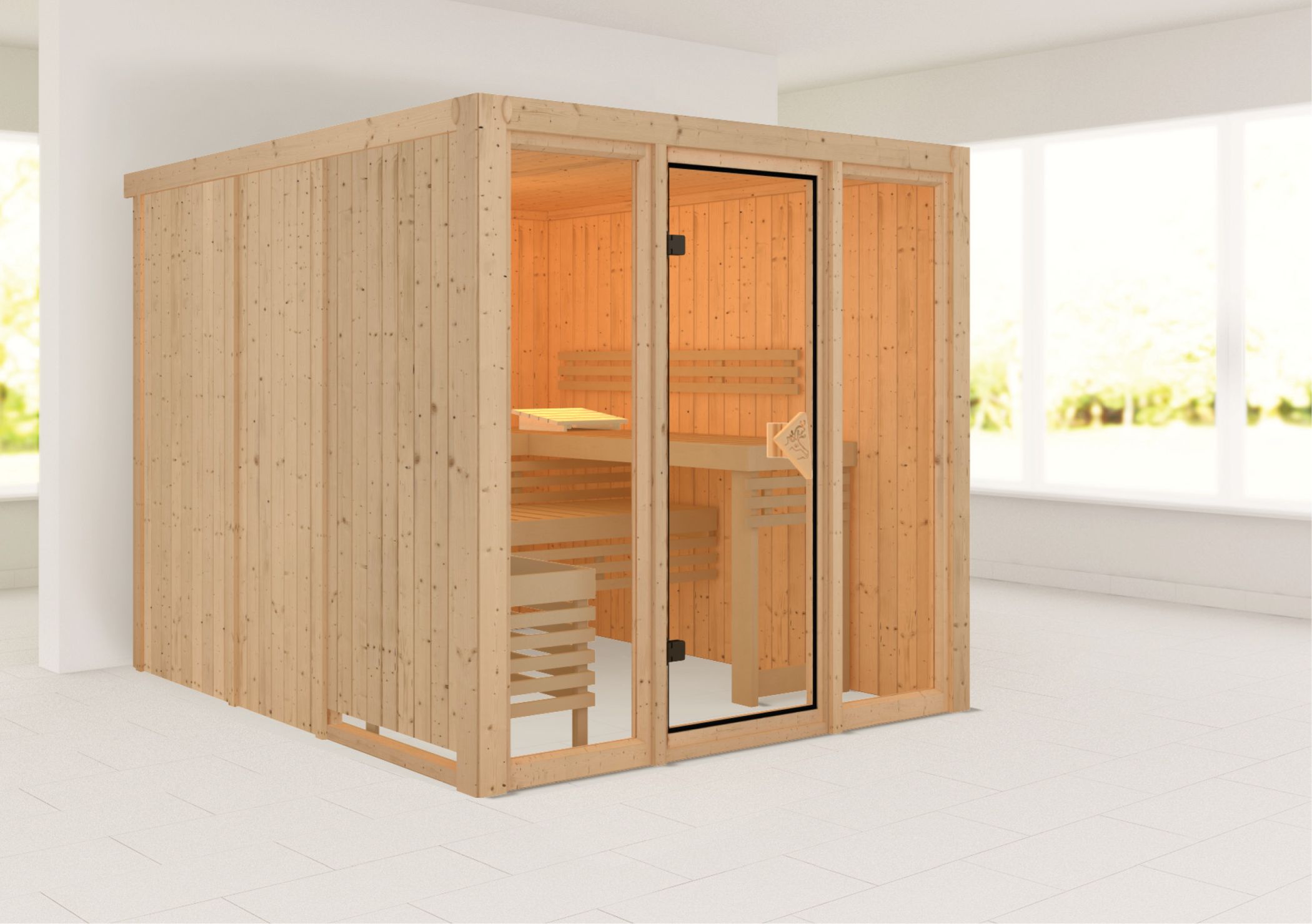 Außenansicht der Karibu Sauna Askja aus nordischer Fichte mit Ganzglastür und Fronteinstieg