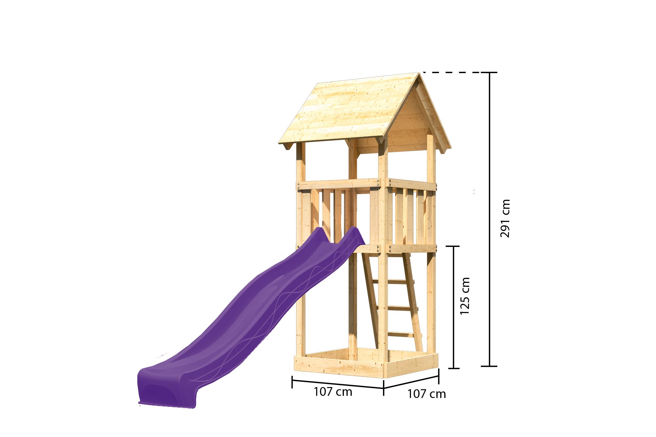 Maßzeichnung des AKUBI Spielturm Lotti mit Bemaßung von Grundfläche und Höhe