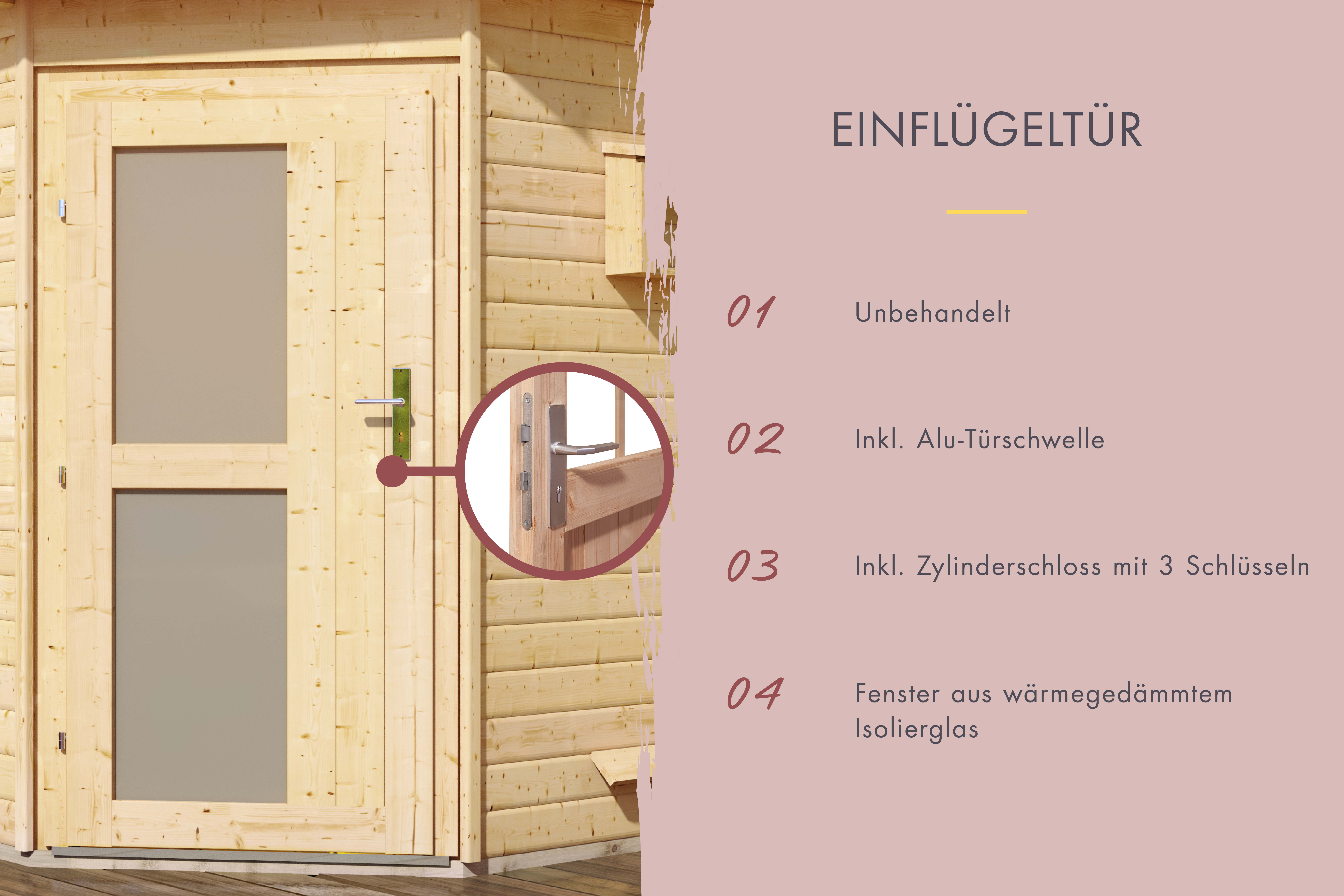 Produkt- und Ausstattungsdetail der Karibu Saunahaus Skrollan 3 mit Vorraum