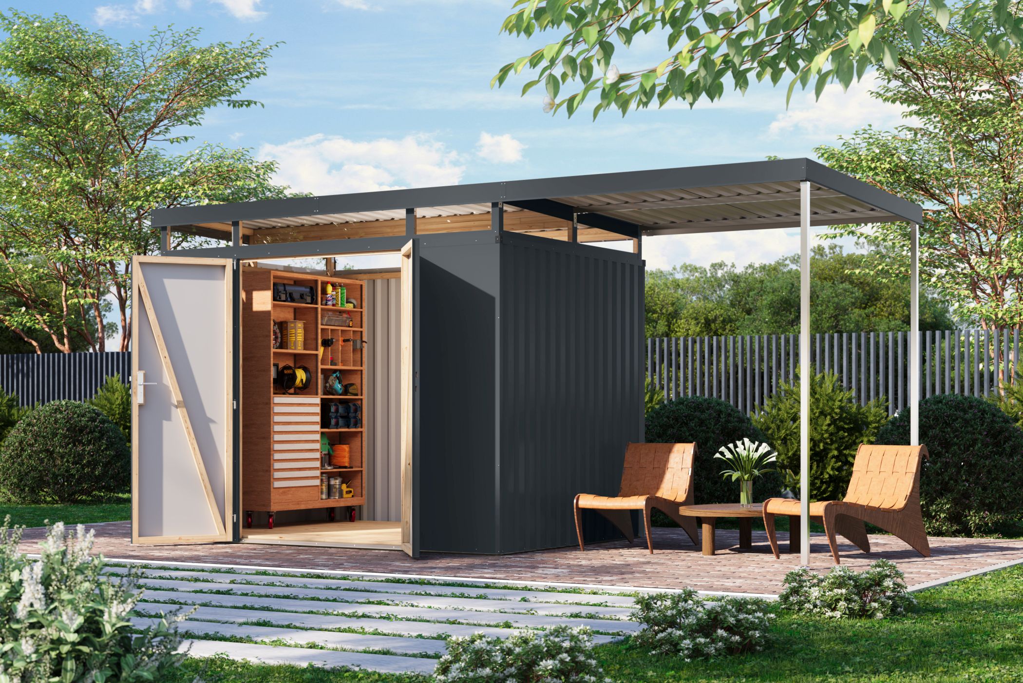 Karibu Gerätehaus aus Metall Aurum 3 in Anthrazit im Garten