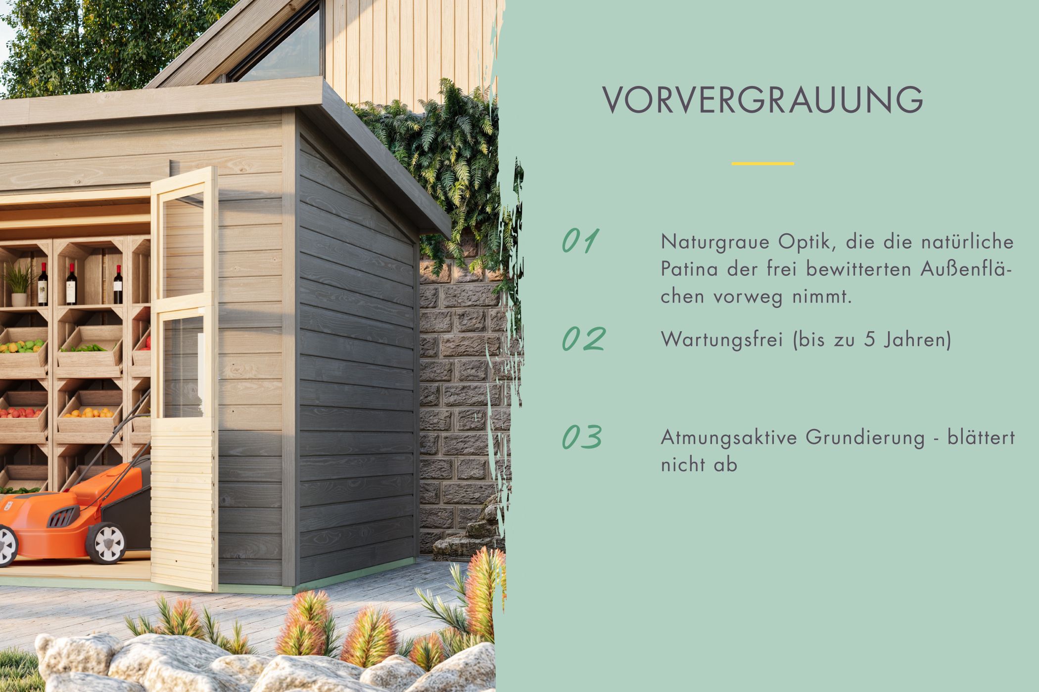 14-mm-Blockbohlenbauweise des Karibu Gerätehaus Merseburg 4 mit Nut-und-Feder-Verbindung