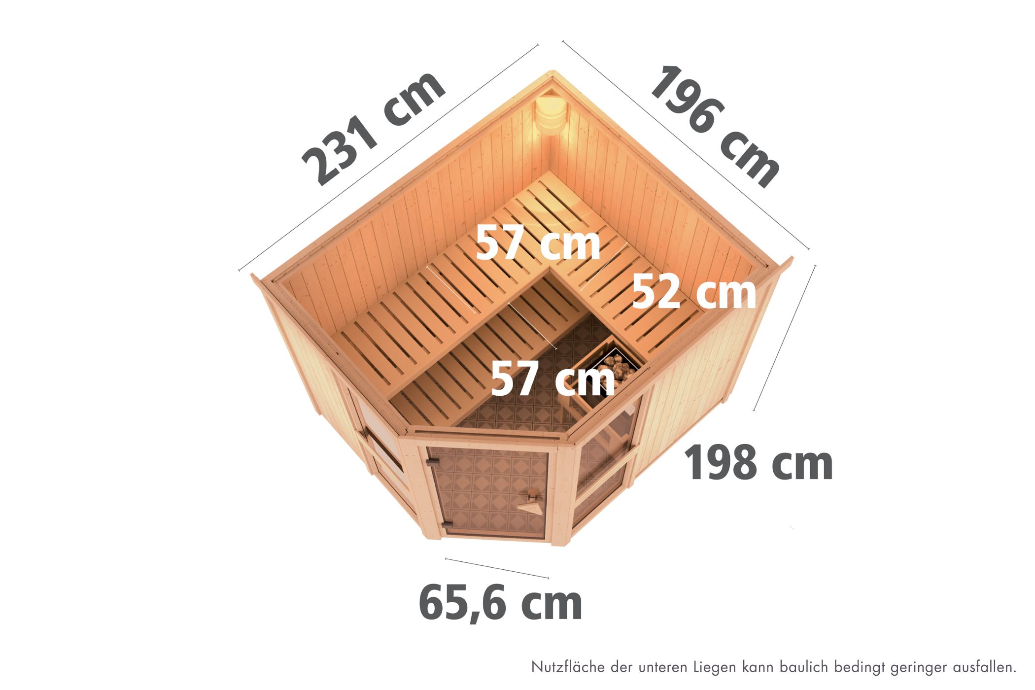 Maßzeichnung der Karibu Sauna Amelia 3 Basismodell mit Außenmaß 231 × 196 cm und Höhe 198 cm