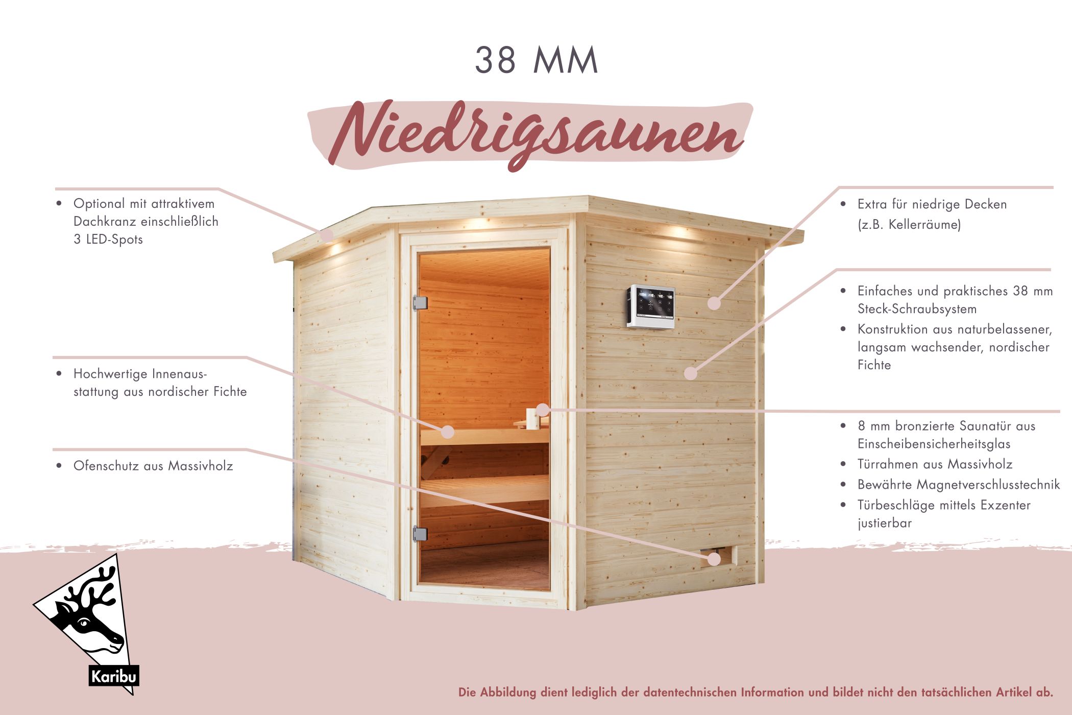 Außenansicht der Karibu Sauna Antonia aus nordischer Fichte mit Ganzglastür und Fronteinstieg