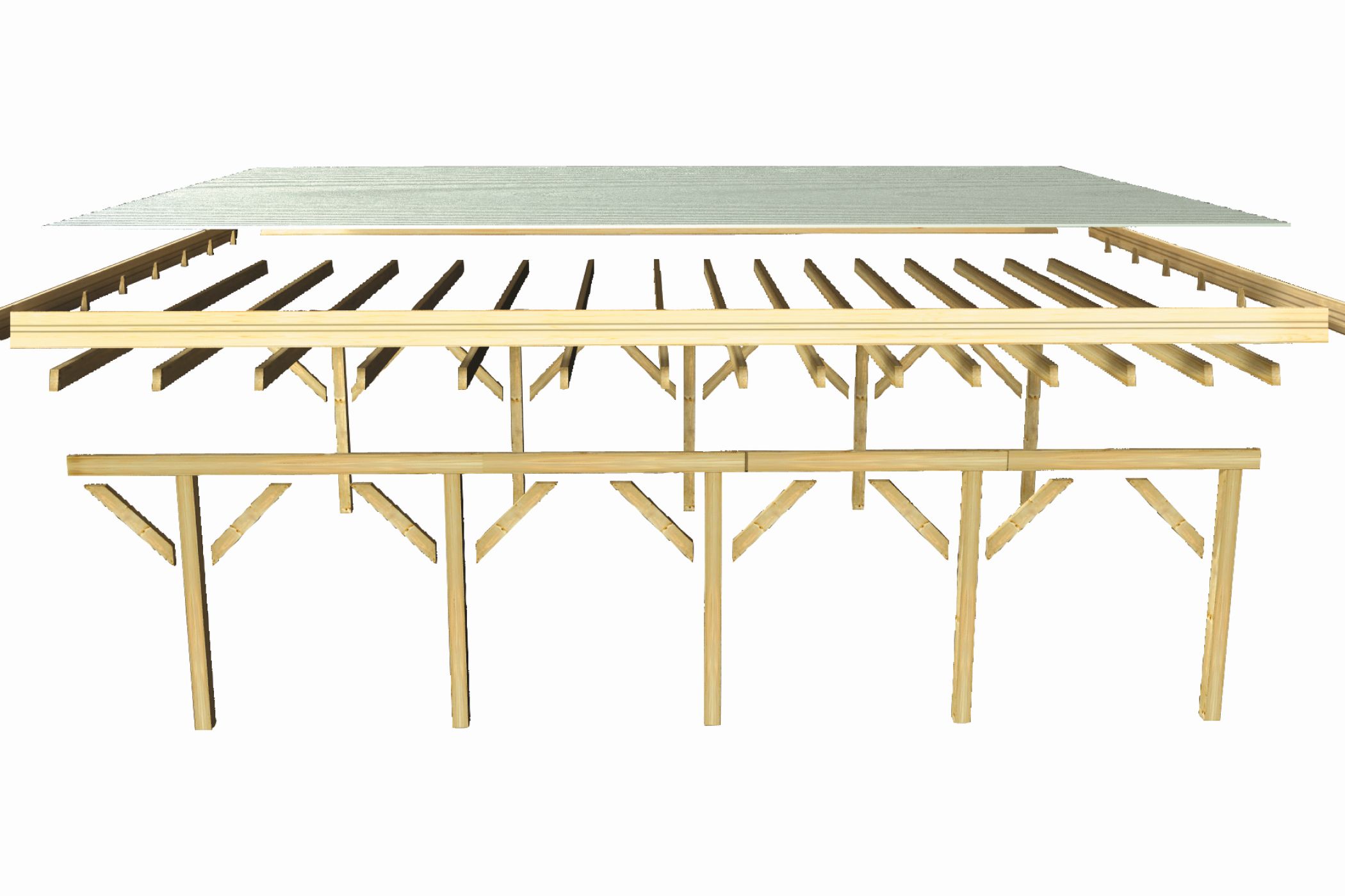 Aufbaudarstellung des Karibu Einzelcarport Classic 3 mit Pfosten, Trägerbalken und Dacheindeckung im Überblick