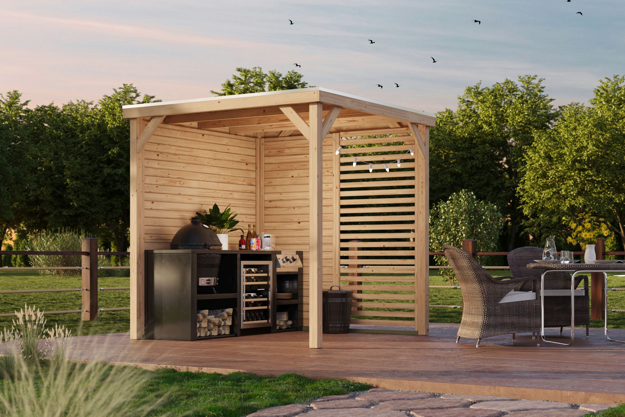 Karibu Cubeco Pavillon aus Leimholz mit Flachdach im Garten als Ambiente-Ansicht