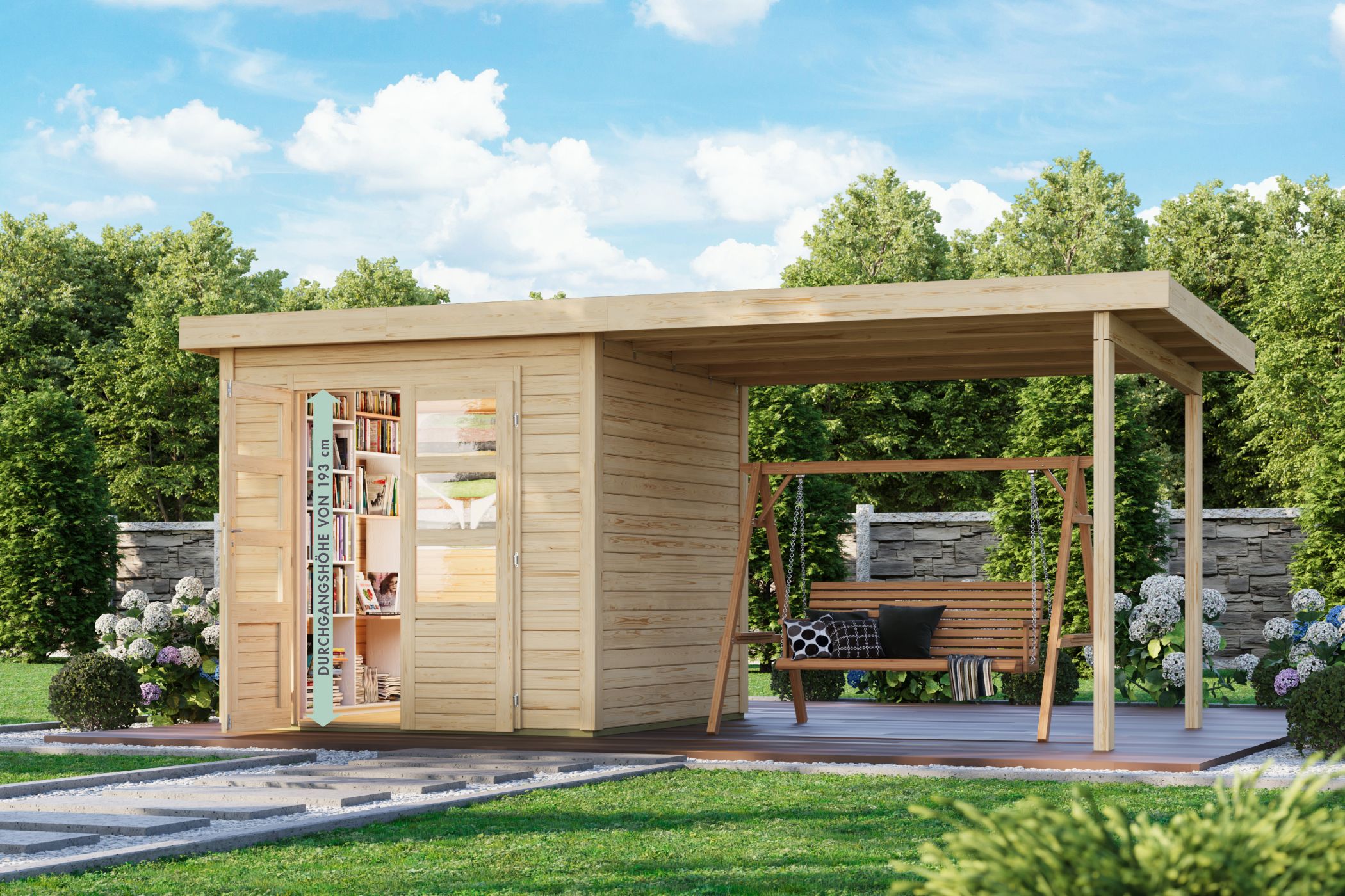 Karibu Gartenhaus Kolbin 3 XXL in Naturbelassen im Garten