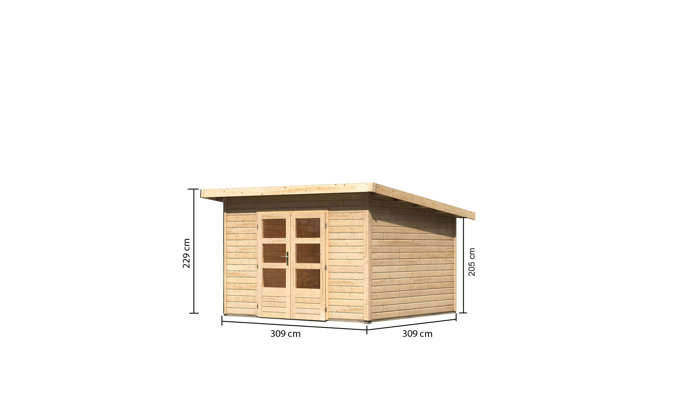 Bemaßte Maßzeichnung des Karibu Gartenhaus Northeim 3, 309 × 309 cm