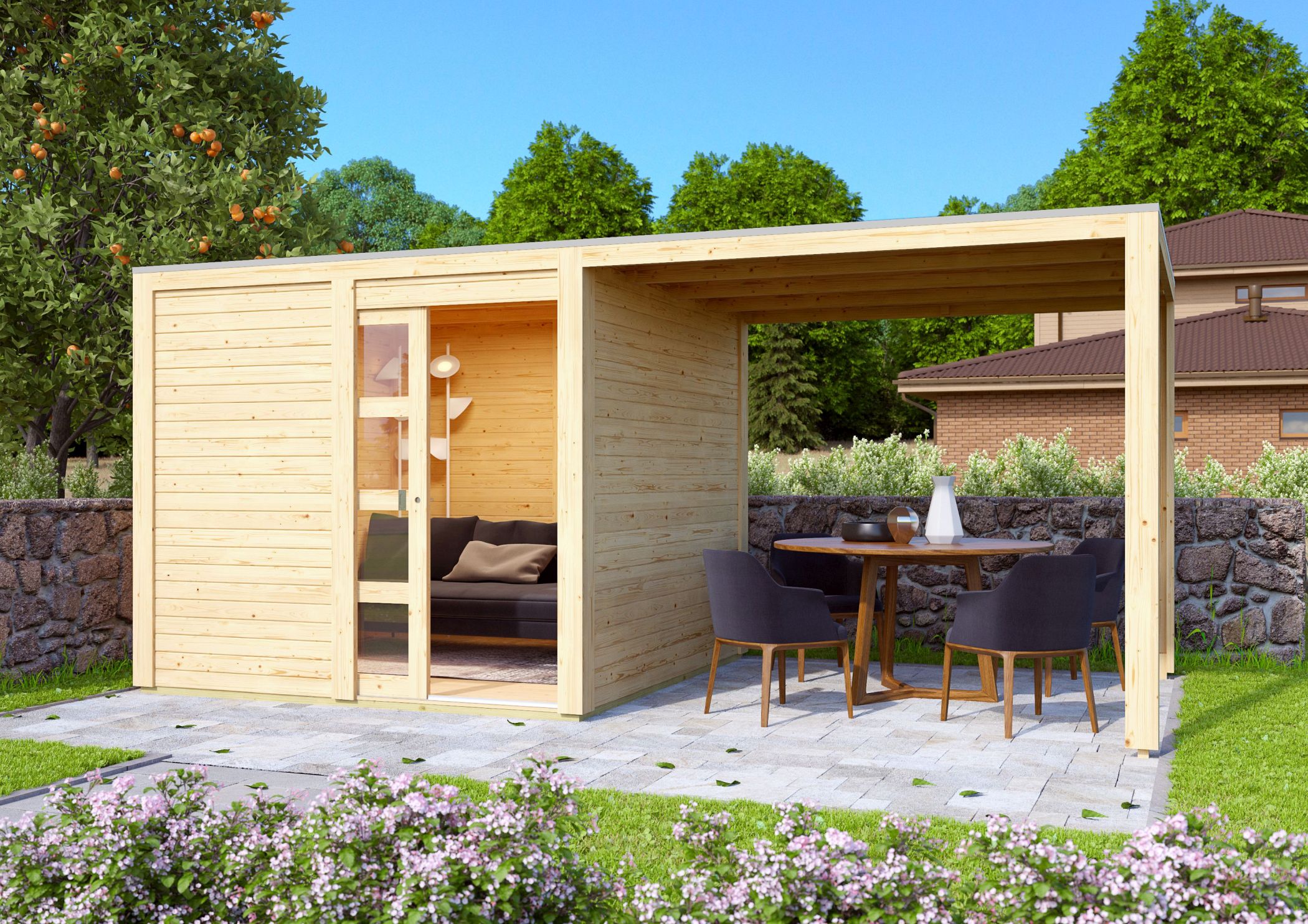 Karibu großes Poolhaus Qubic 2 in Naturbelassen und Anbaudach im Garten
