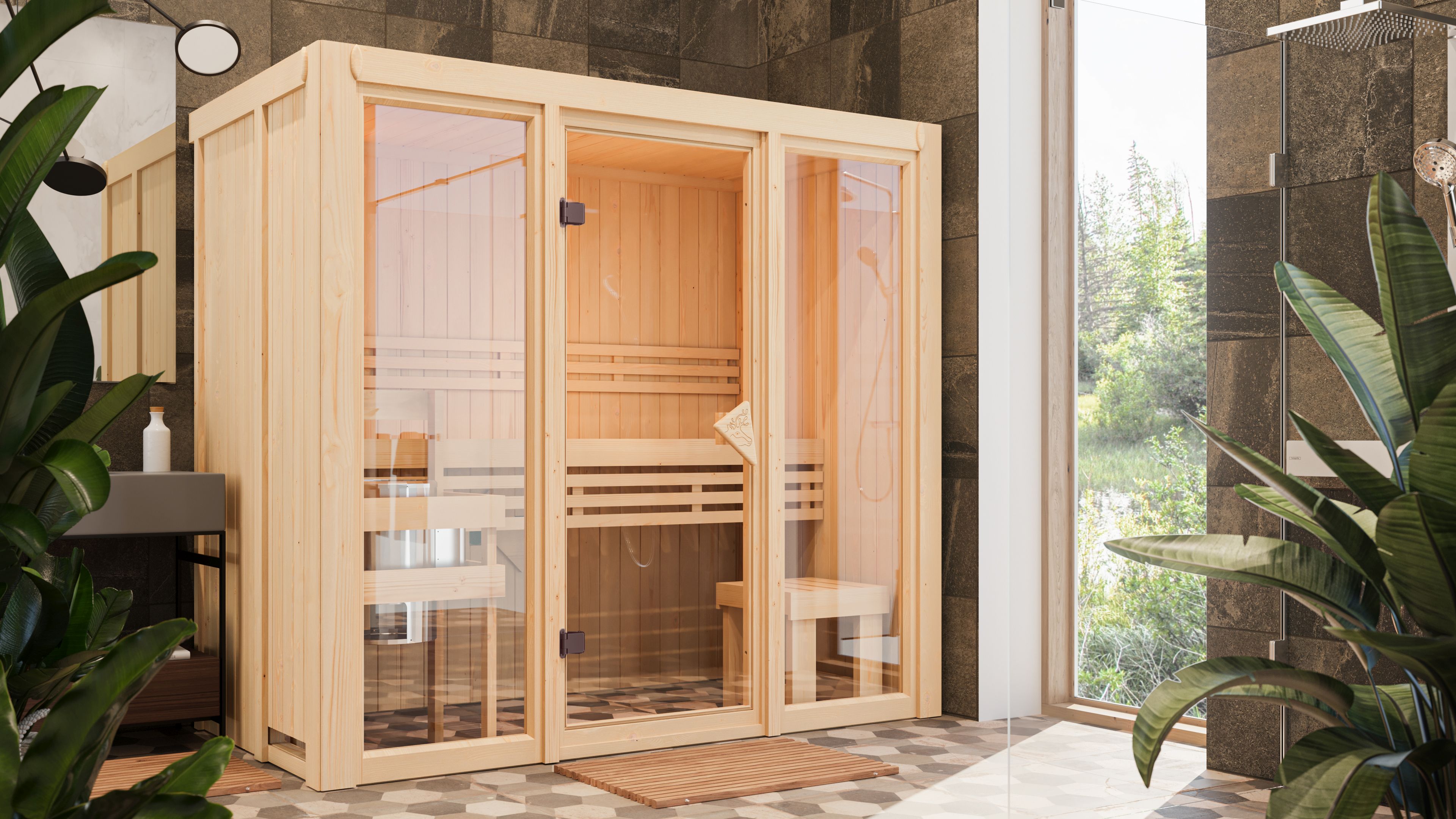Karibu Sauna Avari 2 als hochwertige Sauna aus nordischer Fichte im Wohnraum-Ambiente