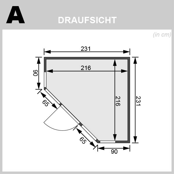 Bemaßte Draufsicht der Karibu Sauna Asta mit Grundriss und eingezeichnetem Türausschnitt