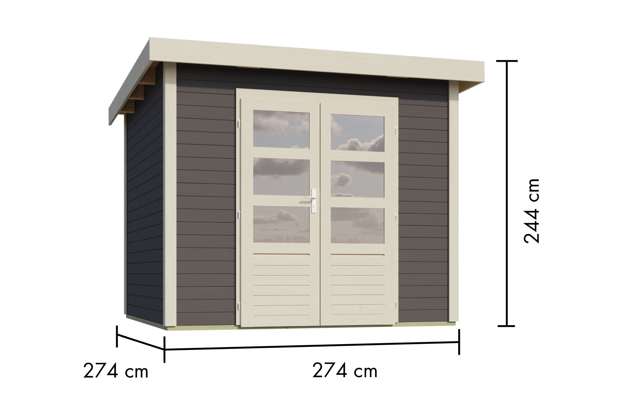 Bemaßte Maßzeichnung des Karibu Gartenhaus Kolbin 6 XXL (Extra hohe Tür) mit Bemaßung