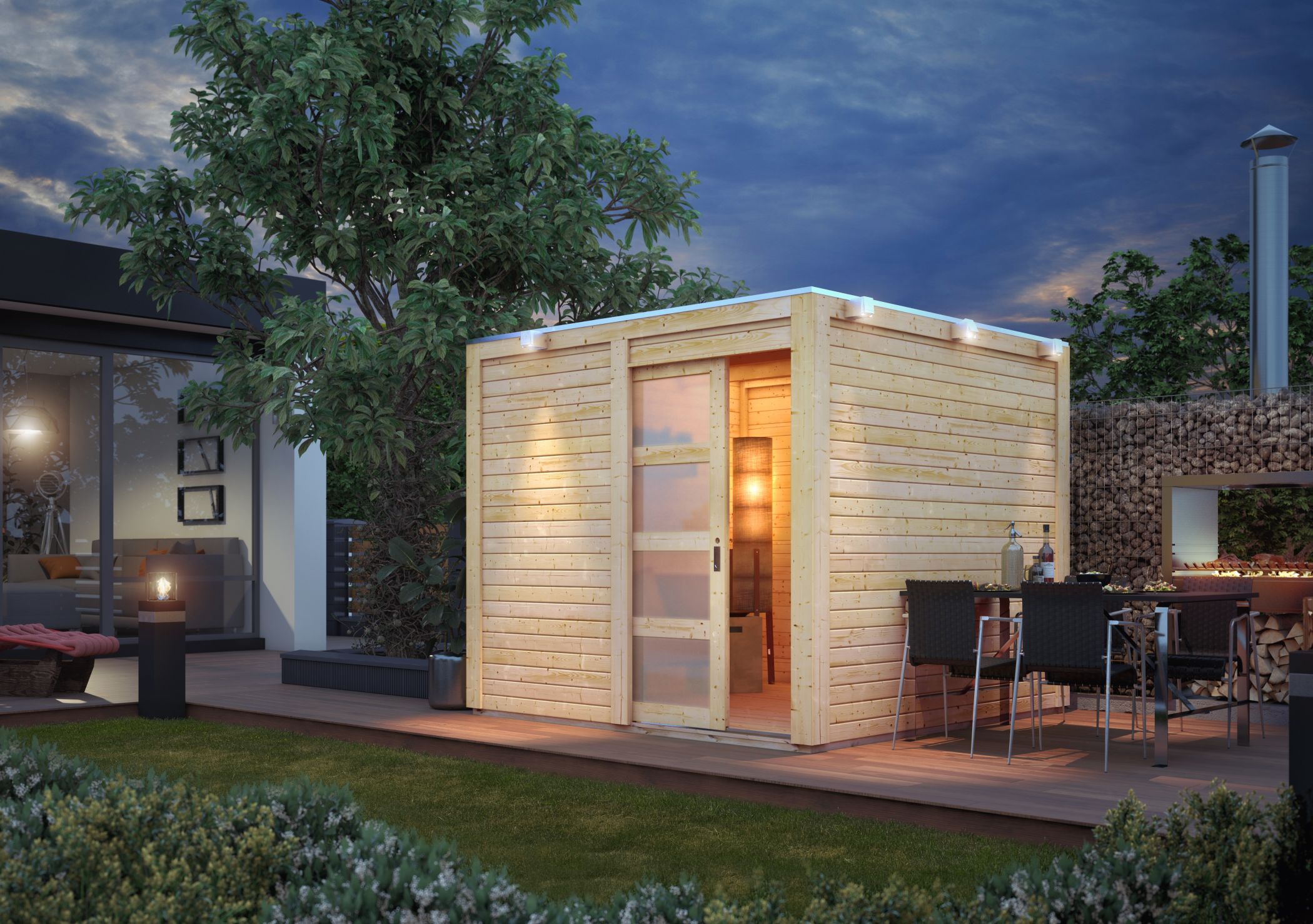 Karibu Poolhaus Qubic 1 in Naturbelassen im Garten