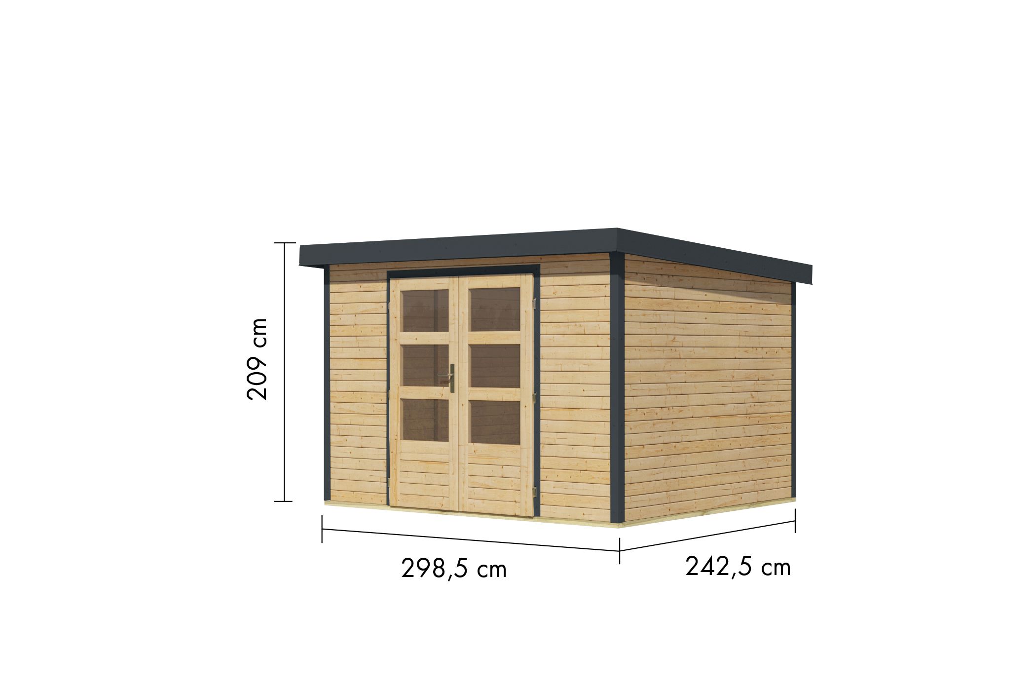 Bemaßte Maßzeichnung des Karibu Gartenhaus Holz & Metall Jupiter 5, 299 × 243 cm