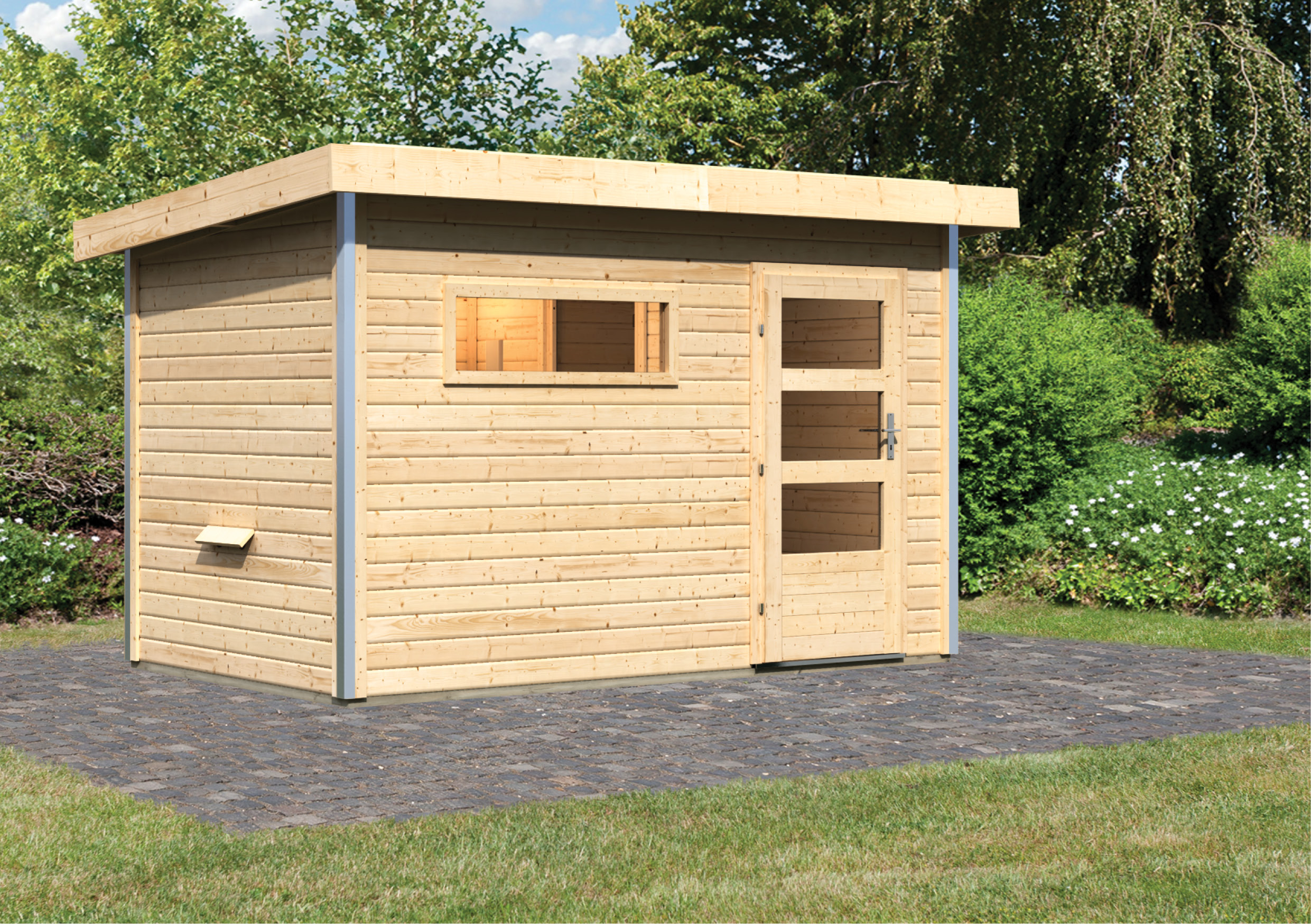 Karibu Saunahaus Skrollan 1 mit Vorraum als Gartensauna aus Massivholz im Garten mit Glasfront