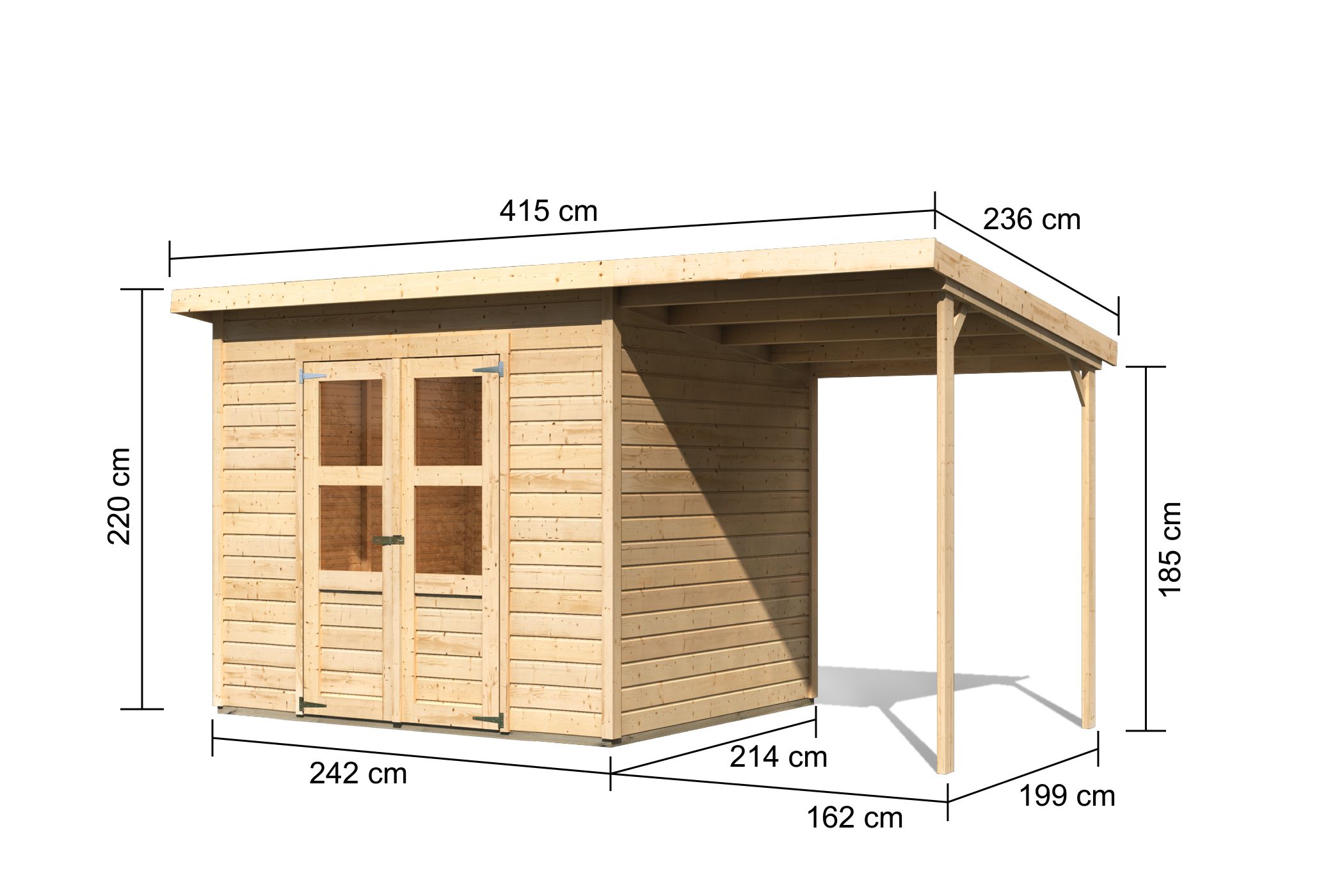 Bemaßte Maßzeichnung des Karibu Gerätehaus Merseburg 5 mit Anbaudach, 415 × 236 cm