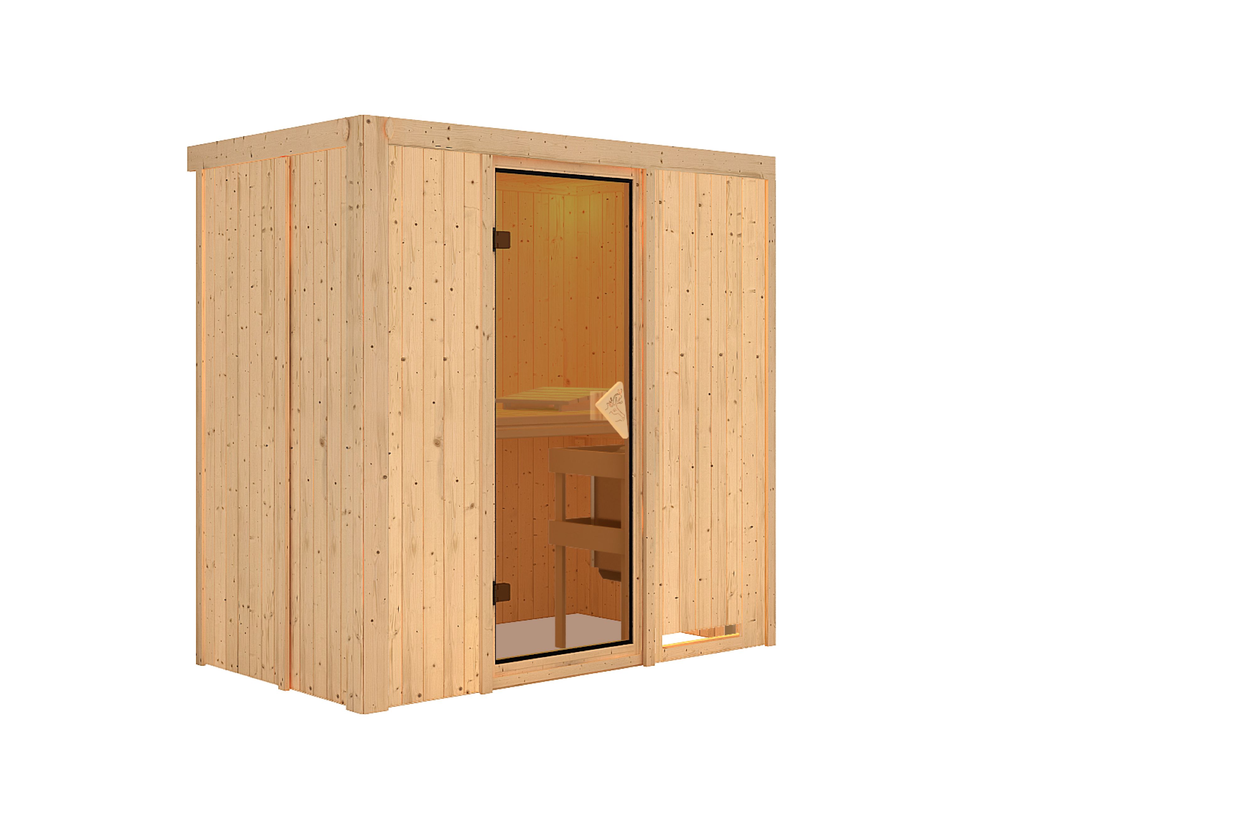 Innenansicht der Karibu Sauna Variado mit Liegen und Kopfstütze aus hellem Espenholz